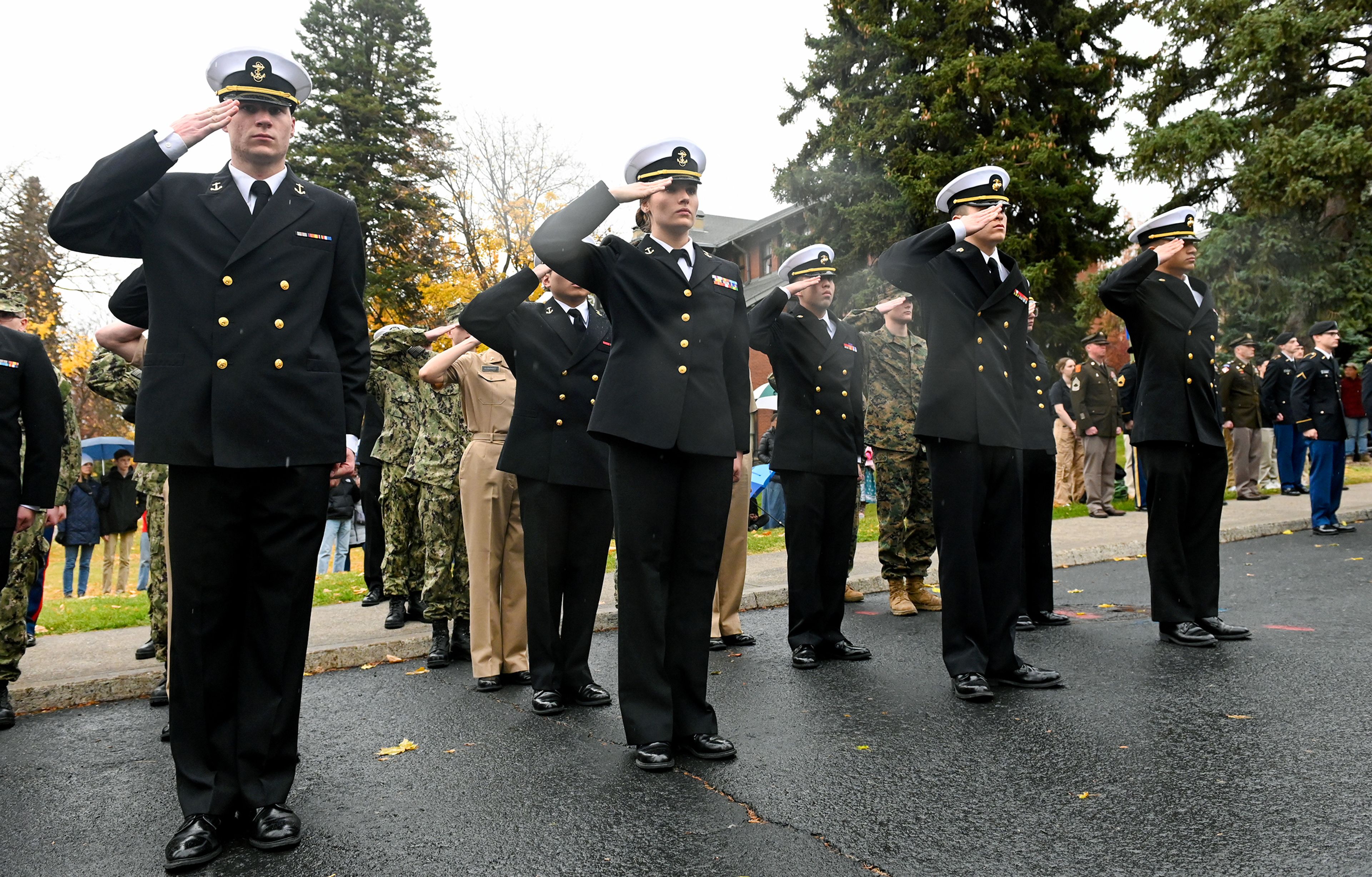 Members of the University of Idaho’s ROTC programs salute as the colors are presented at the UI Veterans Day wreath-laying ceremony Monday in Moscow.