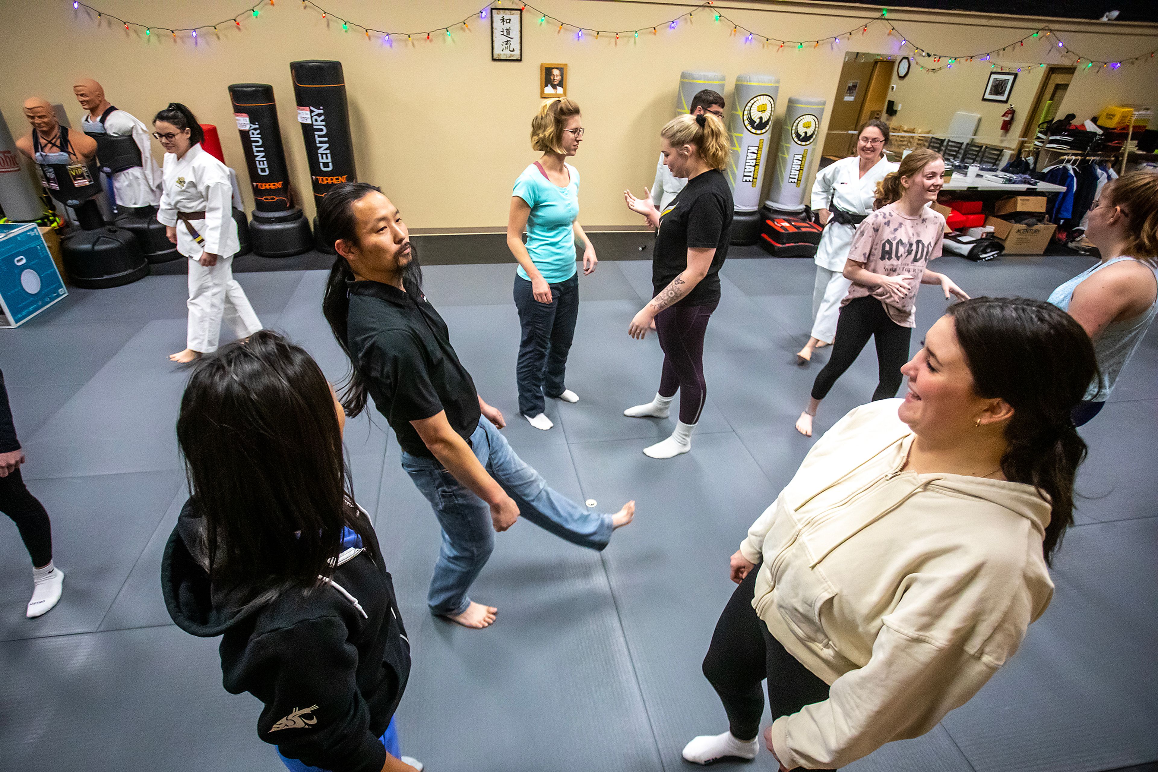 Chris Schwartz does some quick kicks as he instructs his self-defense class on kicking the shins at Northwest Wado-ryu karate Thursday last week in Moscow.