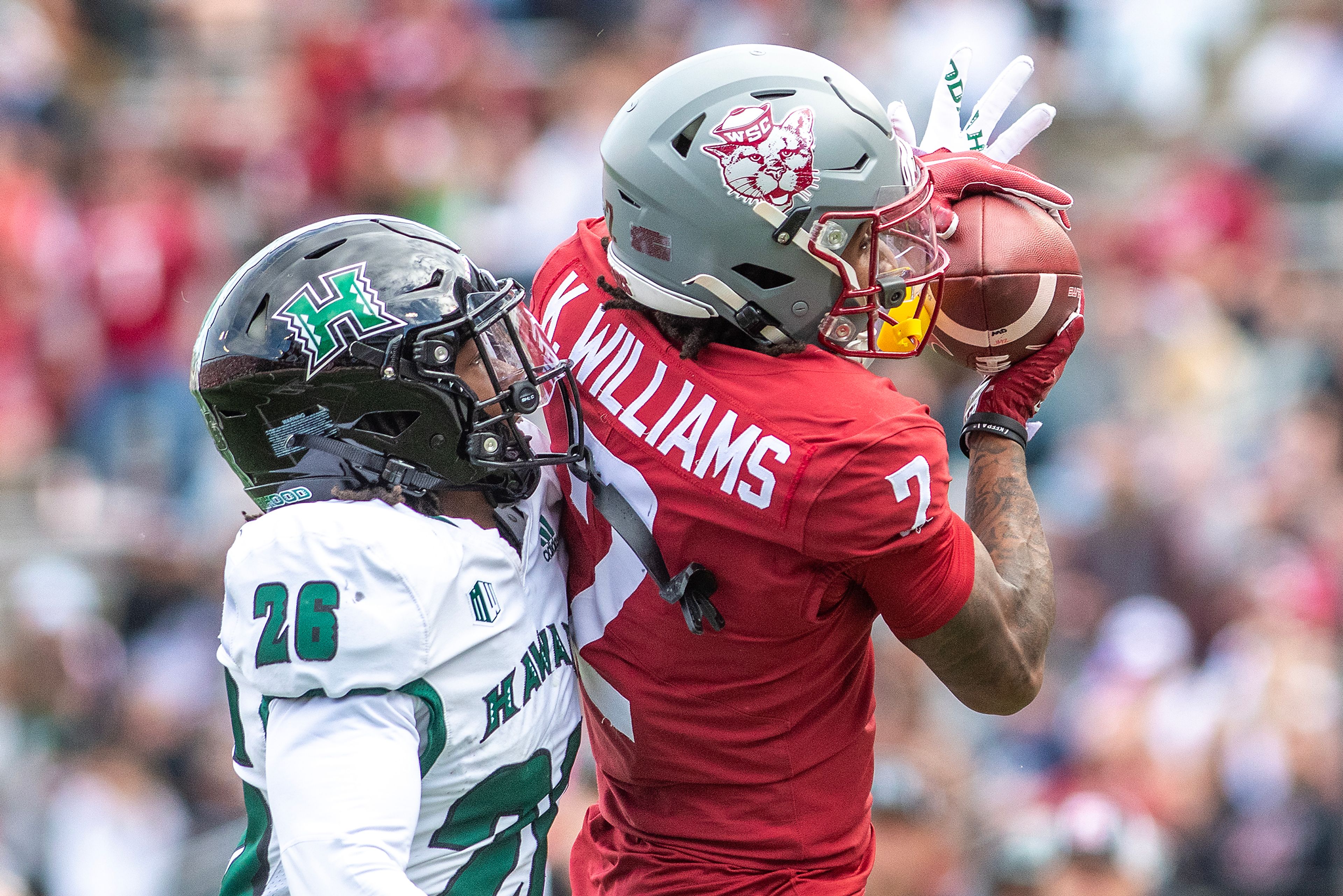 Washington State wide receiver Kyle Williams brings down a long pass as Hawaii defensive back Deliyon Freeman tries to break it up in a game on Oct. 19 at Gesa Field in Pullman.