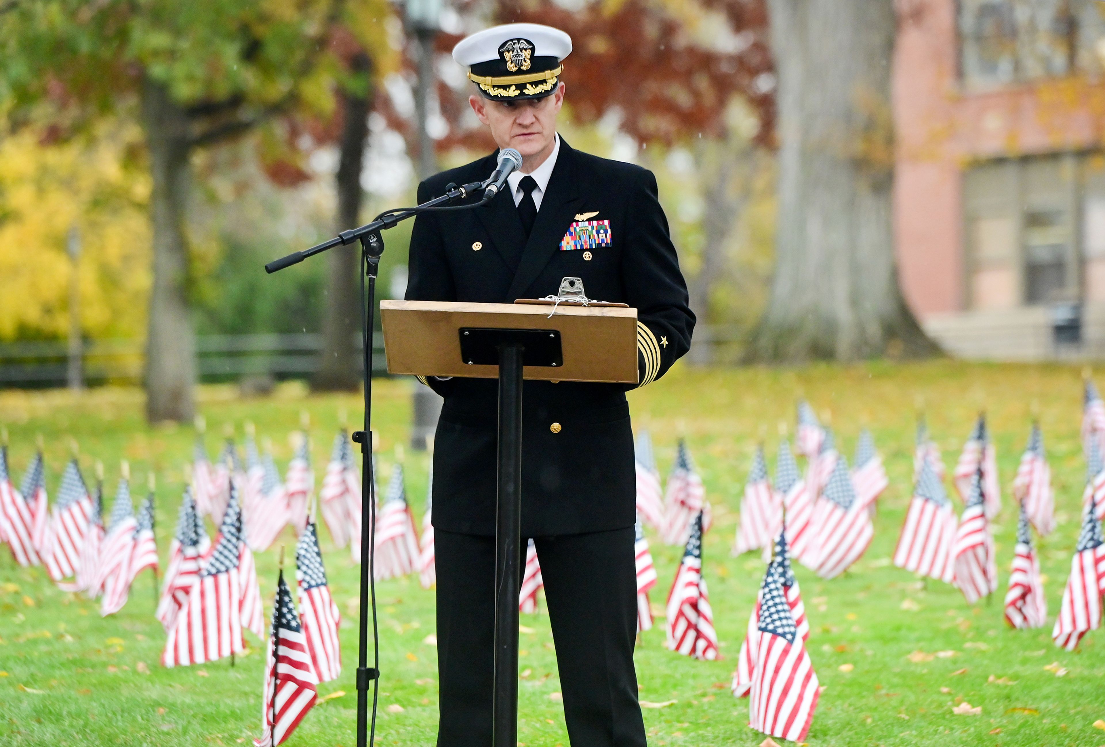 University of Idaho Navy ROTC commanding officer Scott Brunson speaks on the history of Veterans Day at the UI Veterans Day ceremony Monday in Moscow.