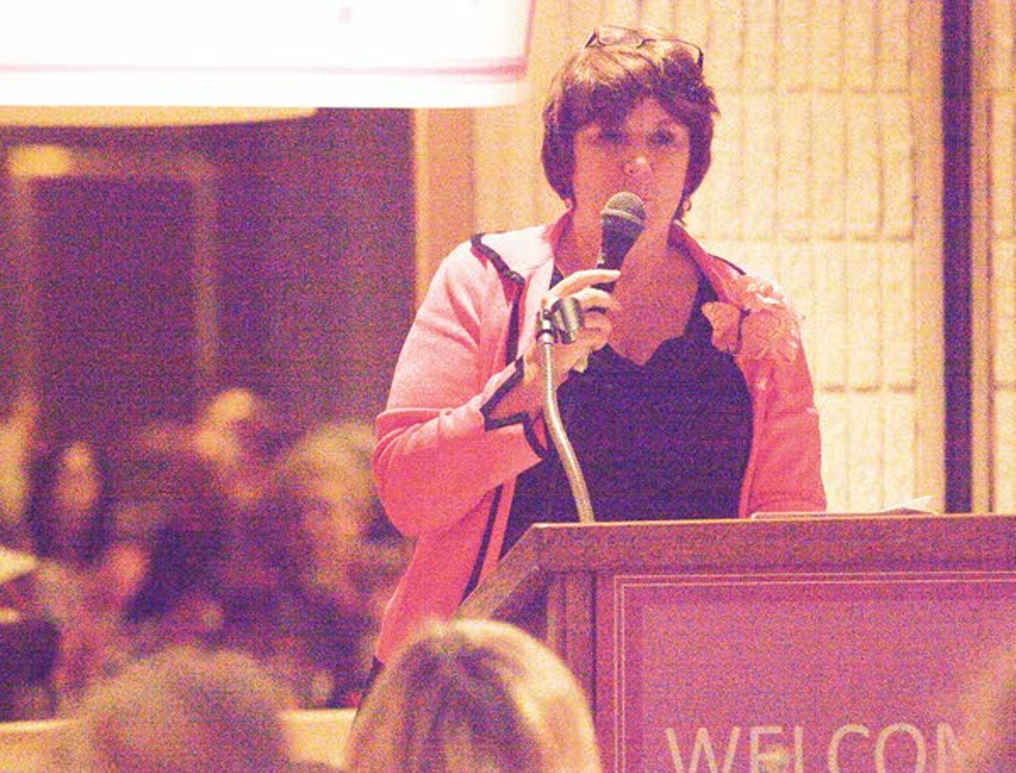 Breast cancer survivor Dianne Daley Laursen speaks during the 12th Annual Pink Tea sponsored by Gritman Medical Center on Tuesday at the Best Western Plus University Inn in Moscow. The Pink Tea raises money for the Bosom Buddies program that provides free mammograms at Gritman to those who cannot afford one.