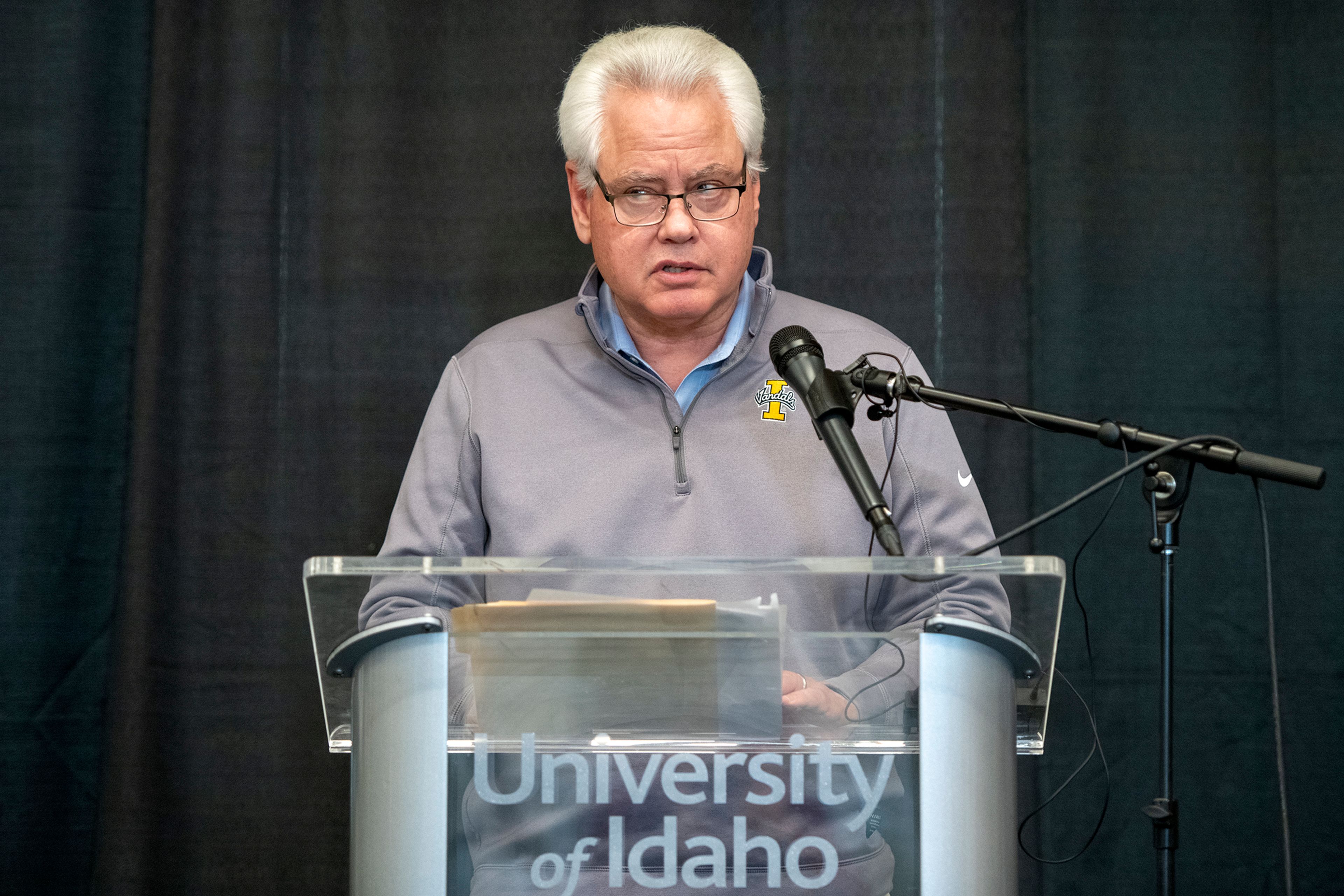 University of Idaho President Scott Green speaks at a press conference about a quadruple homicide investigation involving four university students at the Idaho Central Credit Union Arena on Wednesday in Moscow.