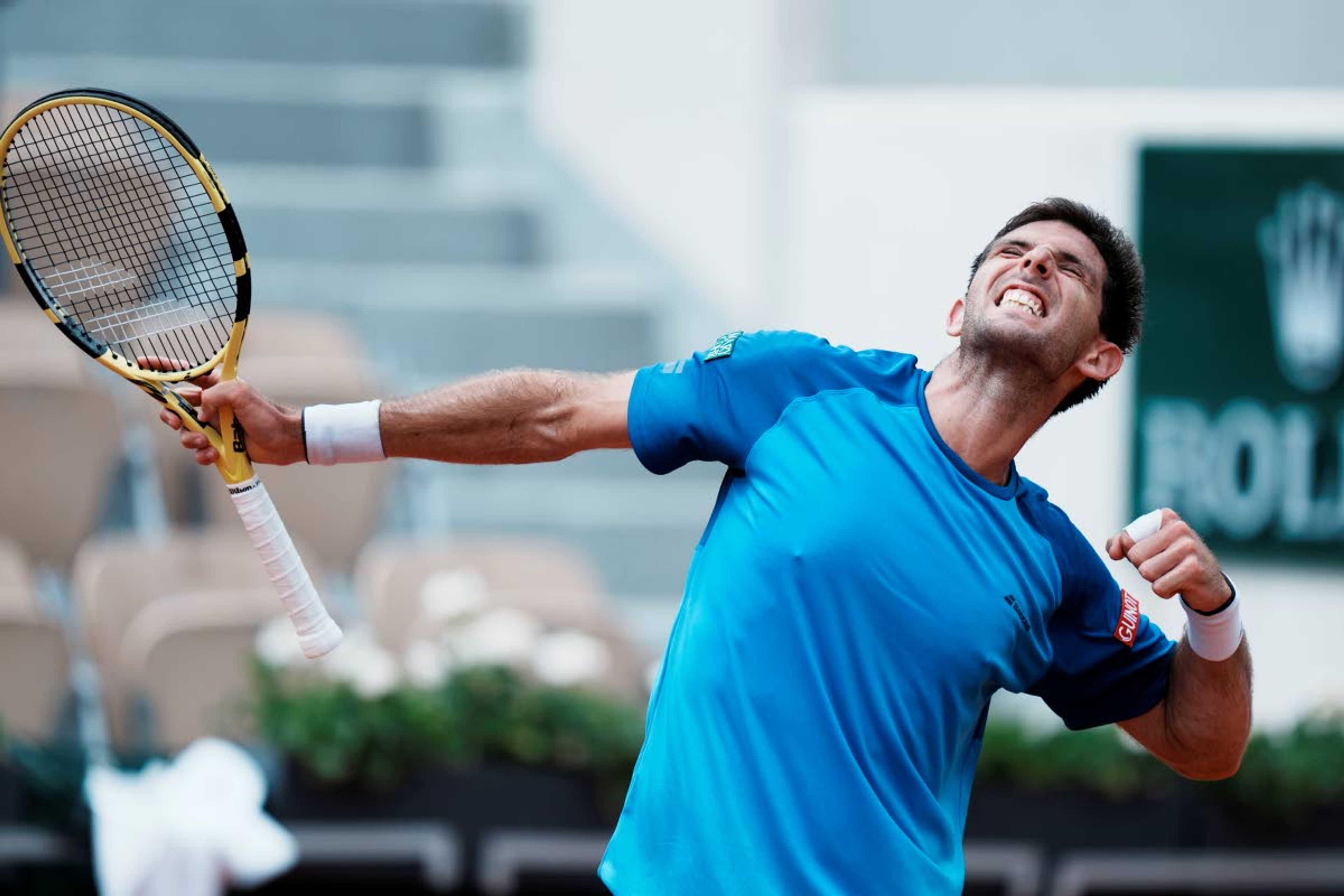 Argentina's Federica Delbonis celebrates after defeating Italy's Fabio Fognini during their third round match on day 6, of the French Open tennis tournament at Roland Garros in Paris, France, Friday, June 4, 2021. (AP Photo/Thibault Camus)