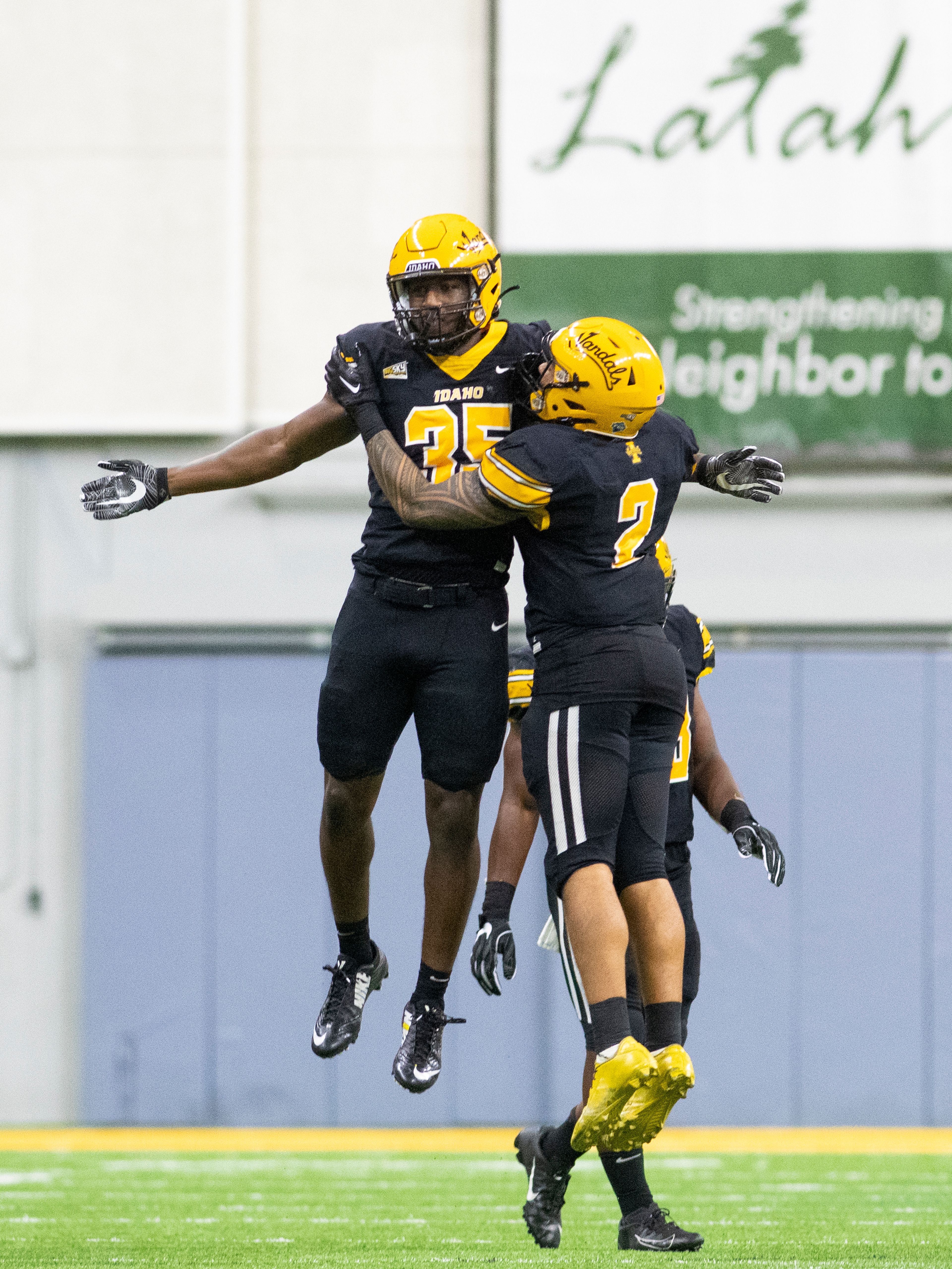 Idaho Vandals defensive lineman Kemari Bailey (35) celebrates after making a play on defense during the fourth quarter of a Big Sky Conference football game against the Northern Colorado Bears at the Kibbie Dome in Moscow on Saturday.