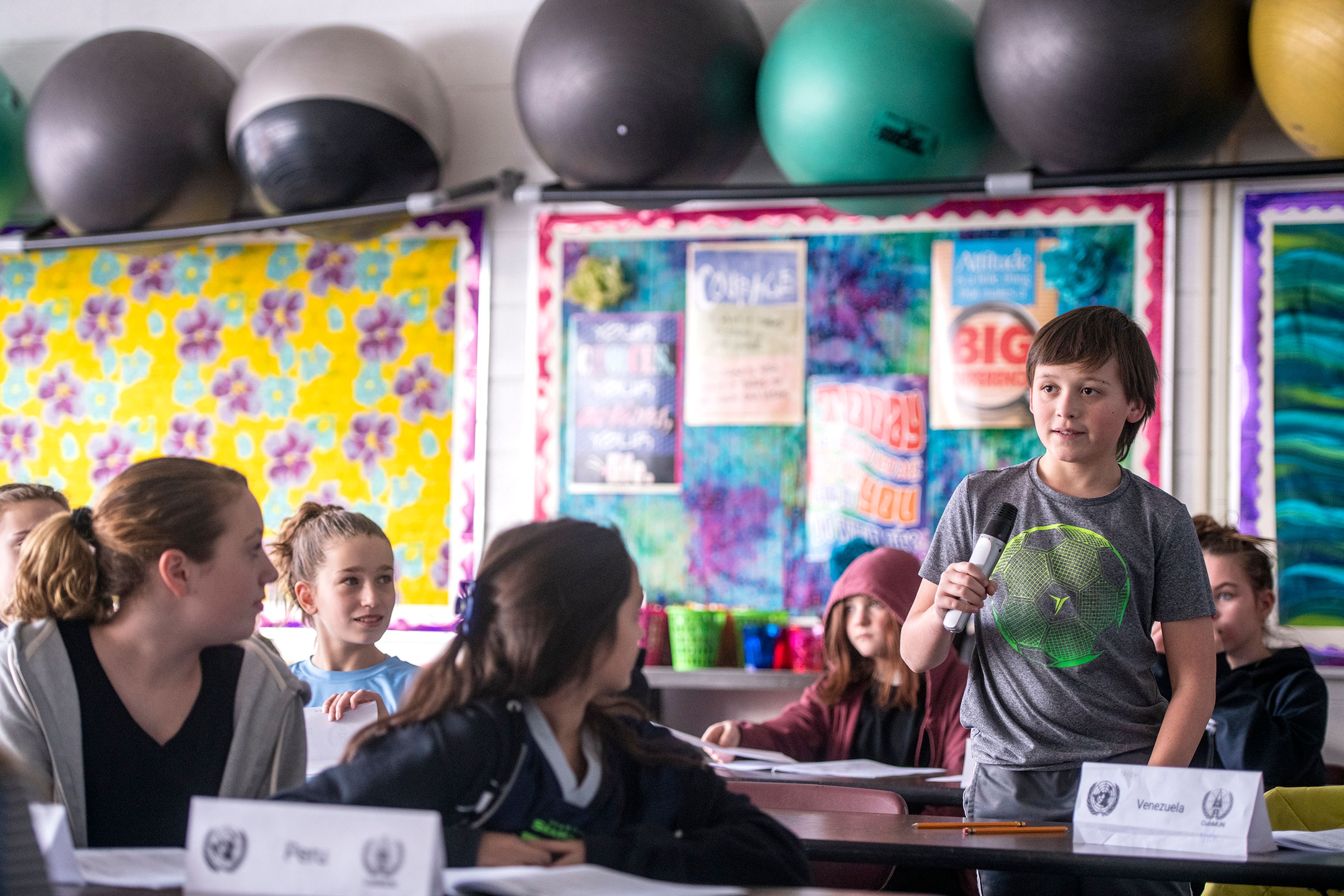 Nick Schroeder speaks on behalf of Venezuela during a Model UN event Wednesday afternoon at Moscow Middle School.