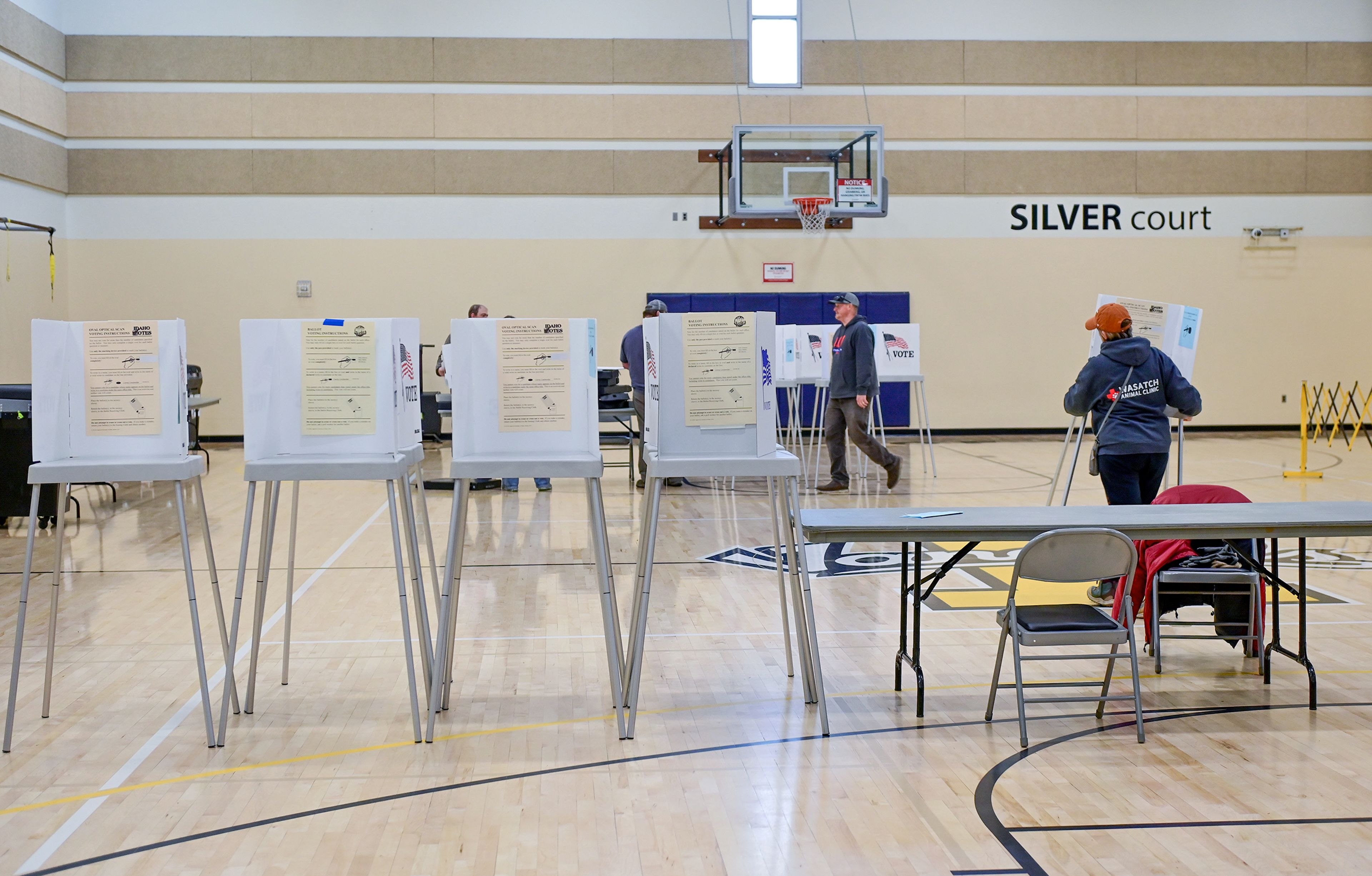 Polling booths are set up at the University of Idaho Student Recreation Center Monday ahead of Election Day in Moscow.