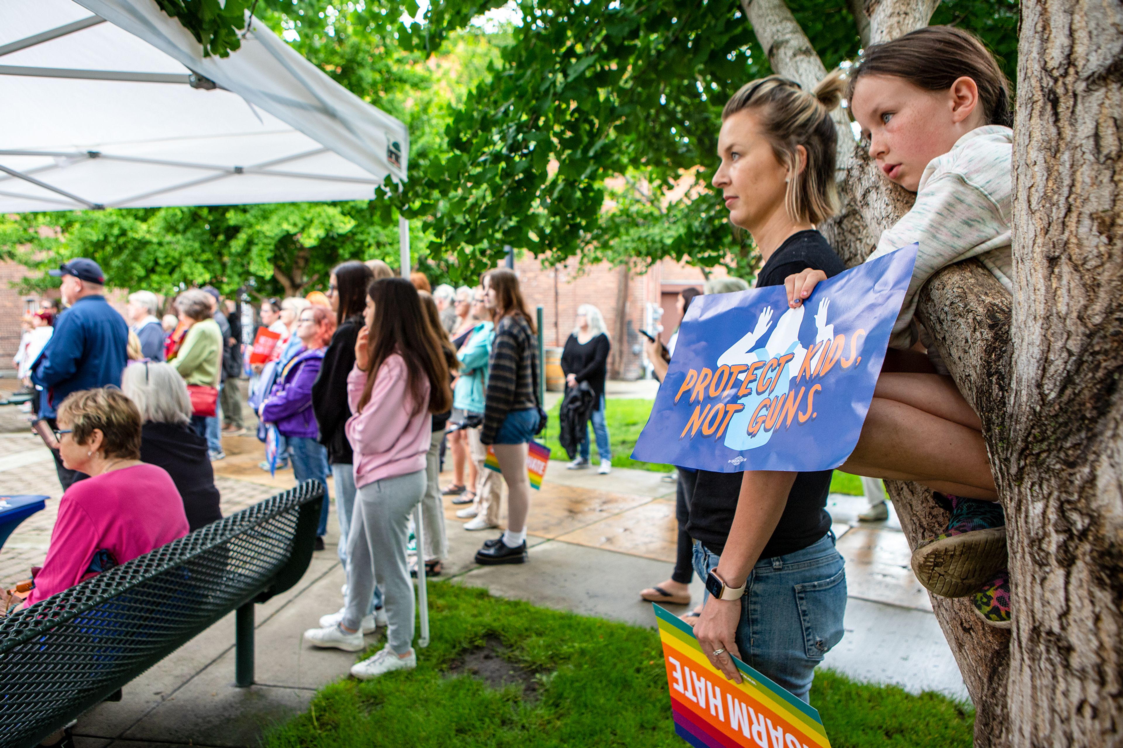 A group of about 40 people listen as event organizer Amanda Gill, of Lewiston, gives a speech during a March for Our Lives rally Saturday morning at Brackenbury Square in downtown Lewiston. March for Our Lives rallies protesting gun violence were held across the country today after the recent occurance of horrific mass shootings in towns like Uvalde, Texas and Buffalo, New York.