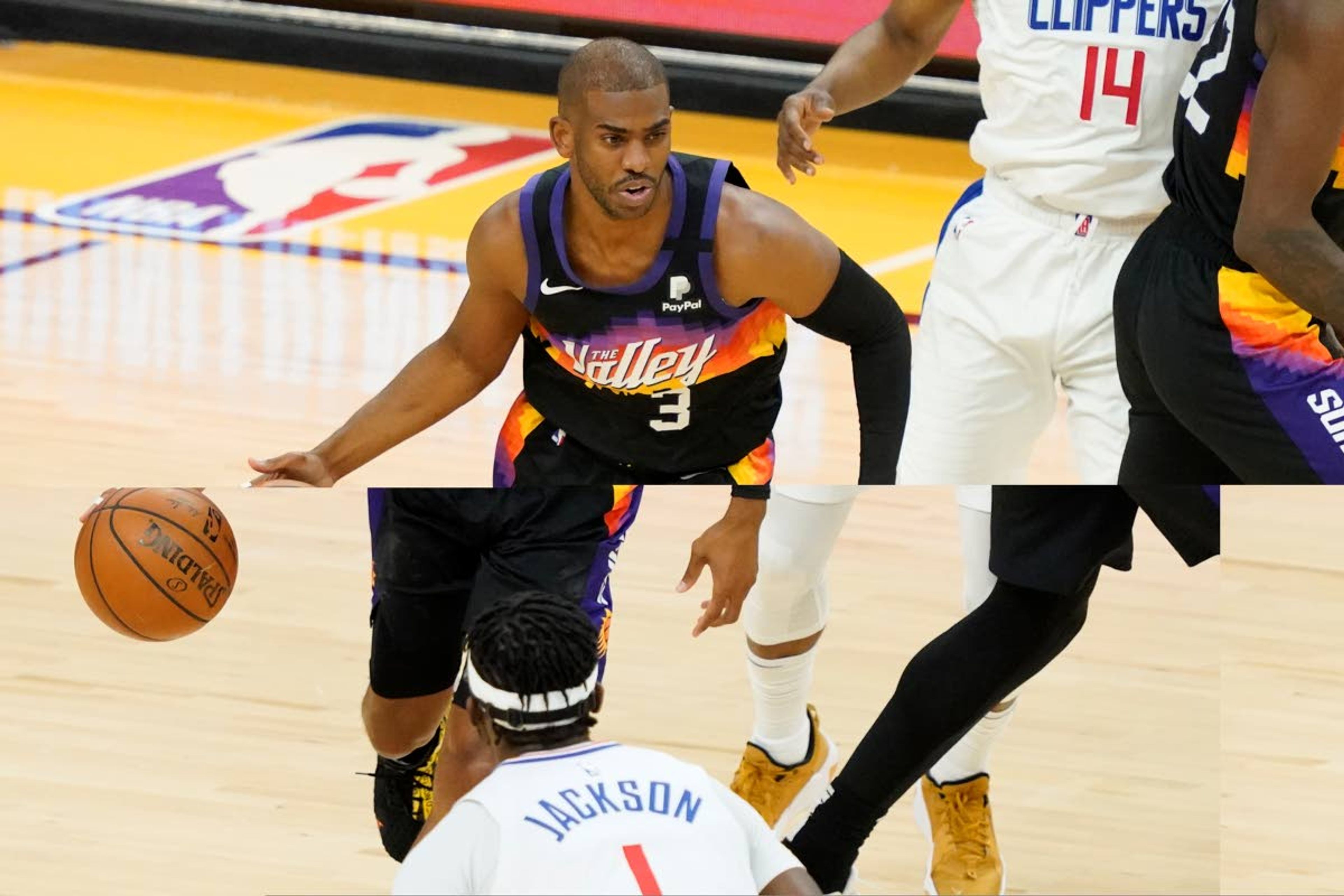 Phoenix Suns guard Chris Paul (3) looks to pass against the Los Angeles Clippers during the first half of game 5 of the NBA basketball Western Conference Finals, Monday, June 28, 2021, in Phoenix. (AP Photo/Matt York)