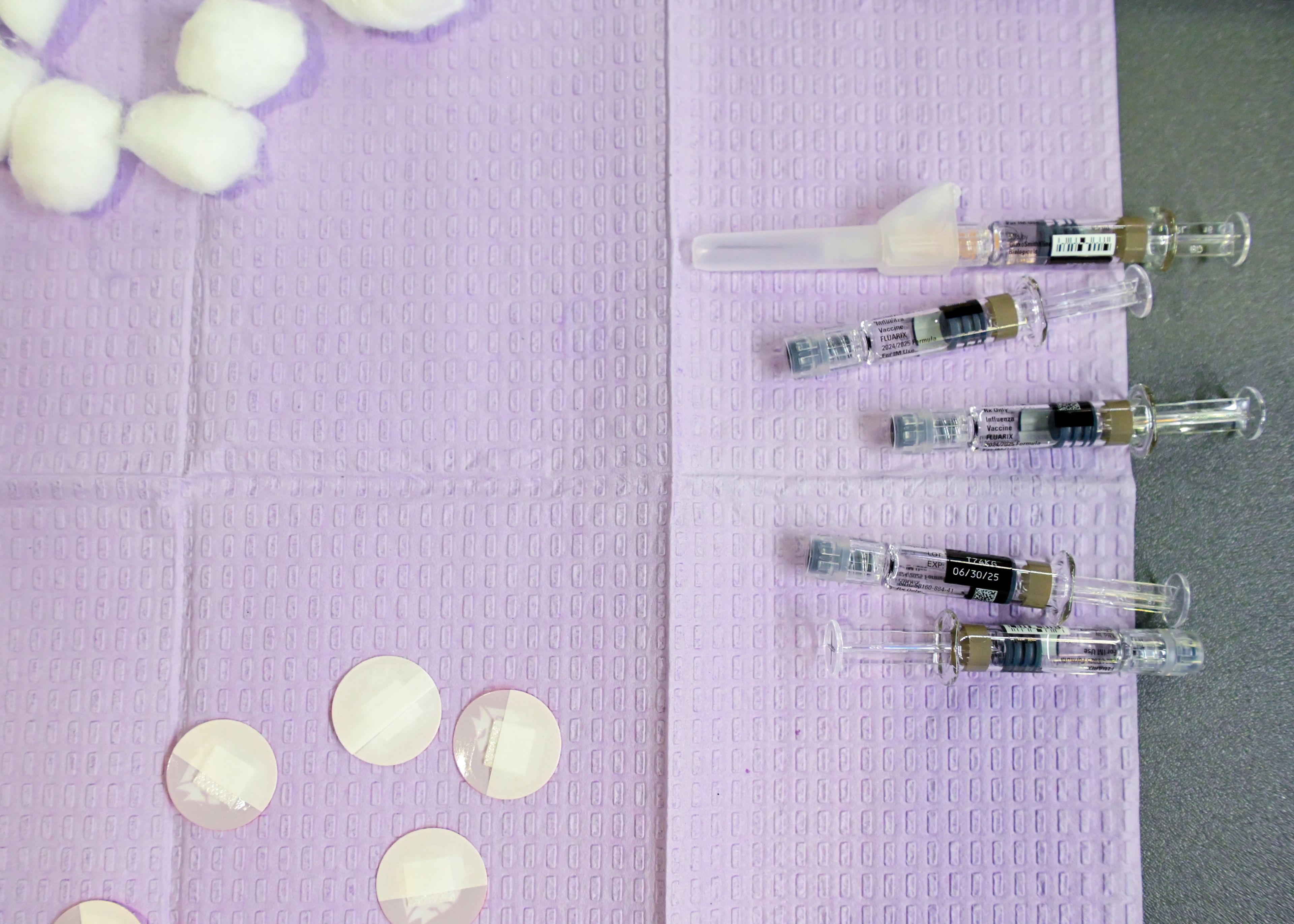 Supplies for flu vaccinations at the Flu Shot Friday clinic are laid out Friday at Washington State University in Pullman.