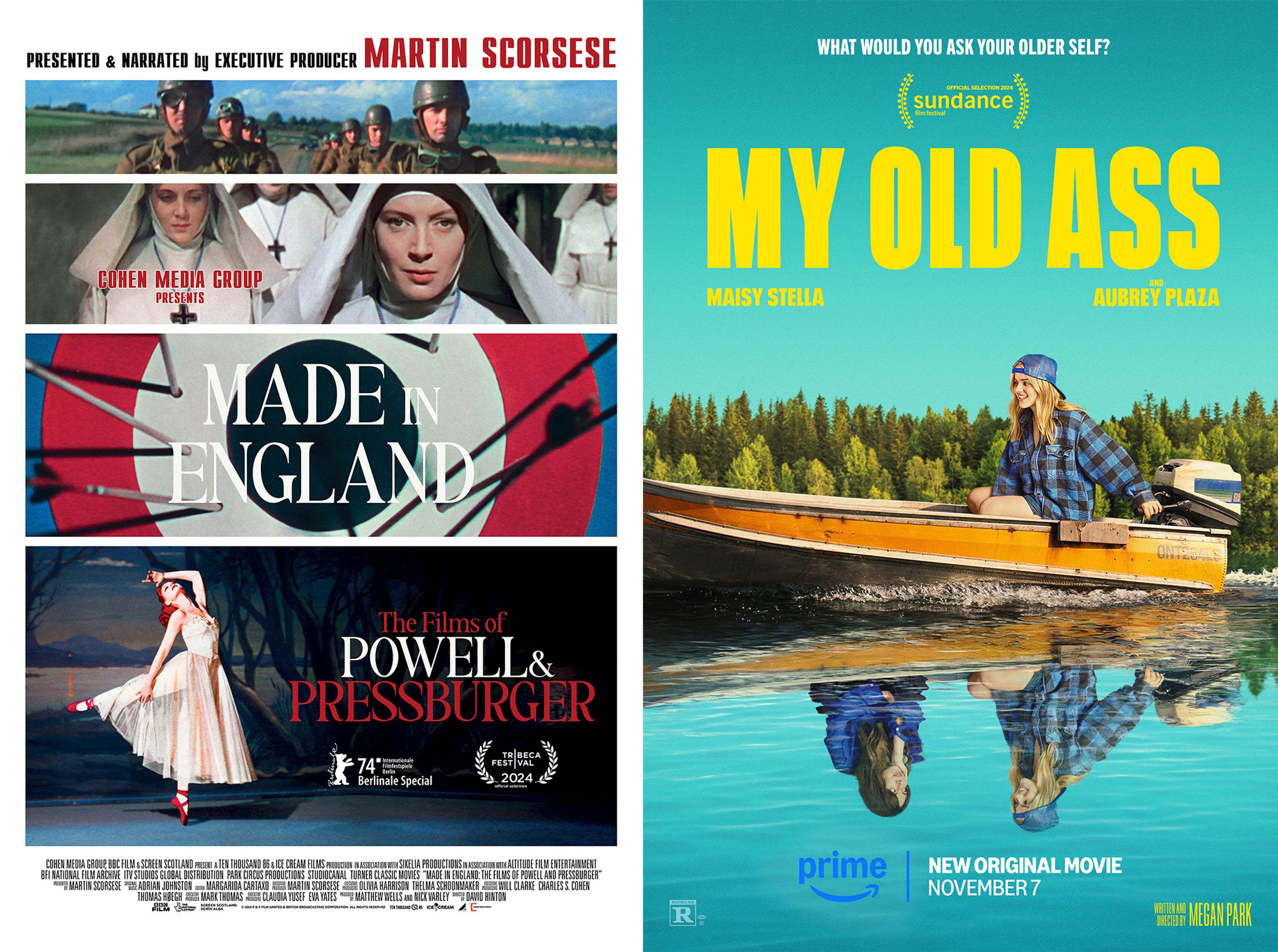 This combination of images shows promotional art for "Made in England: The Films of Powell and Pressburger" and "My Old Ass."