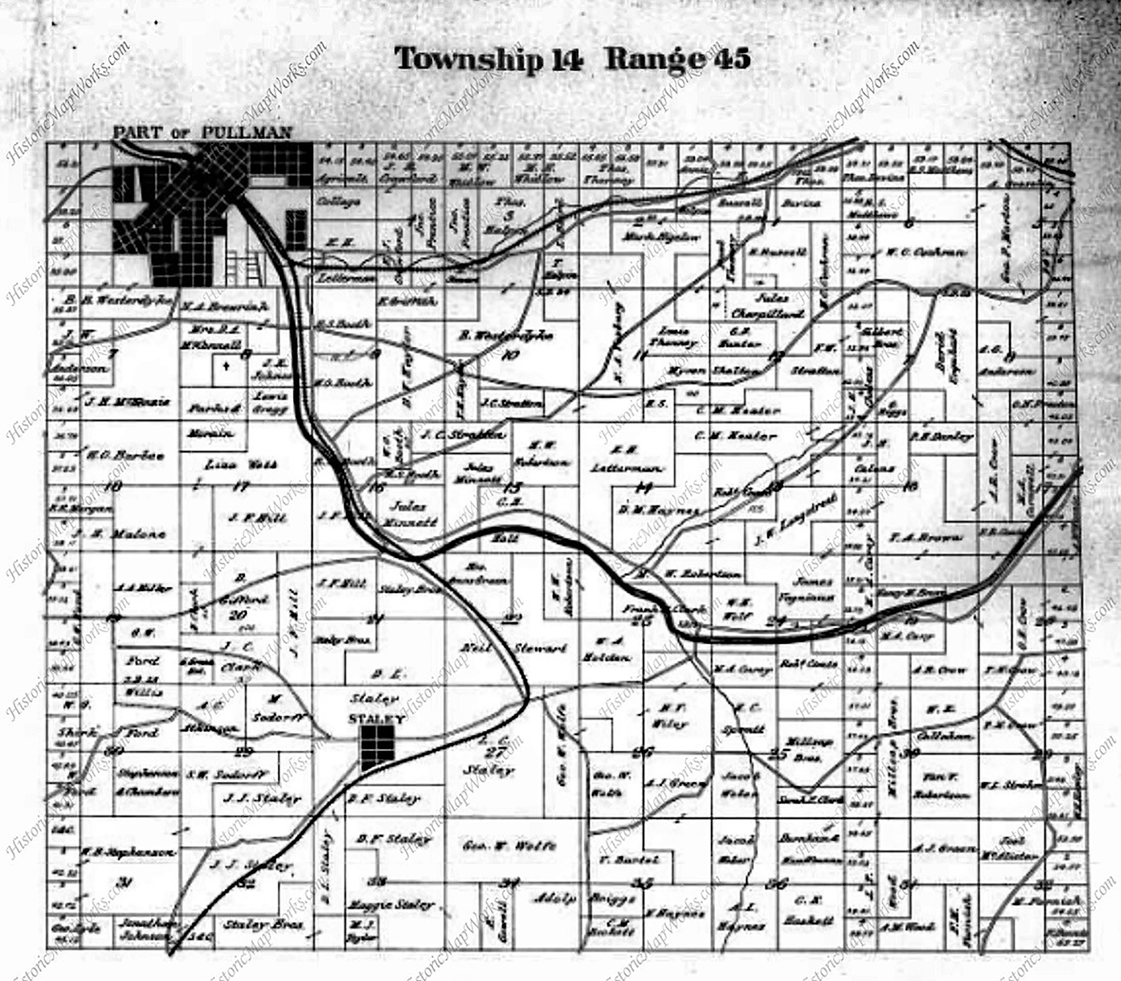 Map showing southern Pullman and Staley.