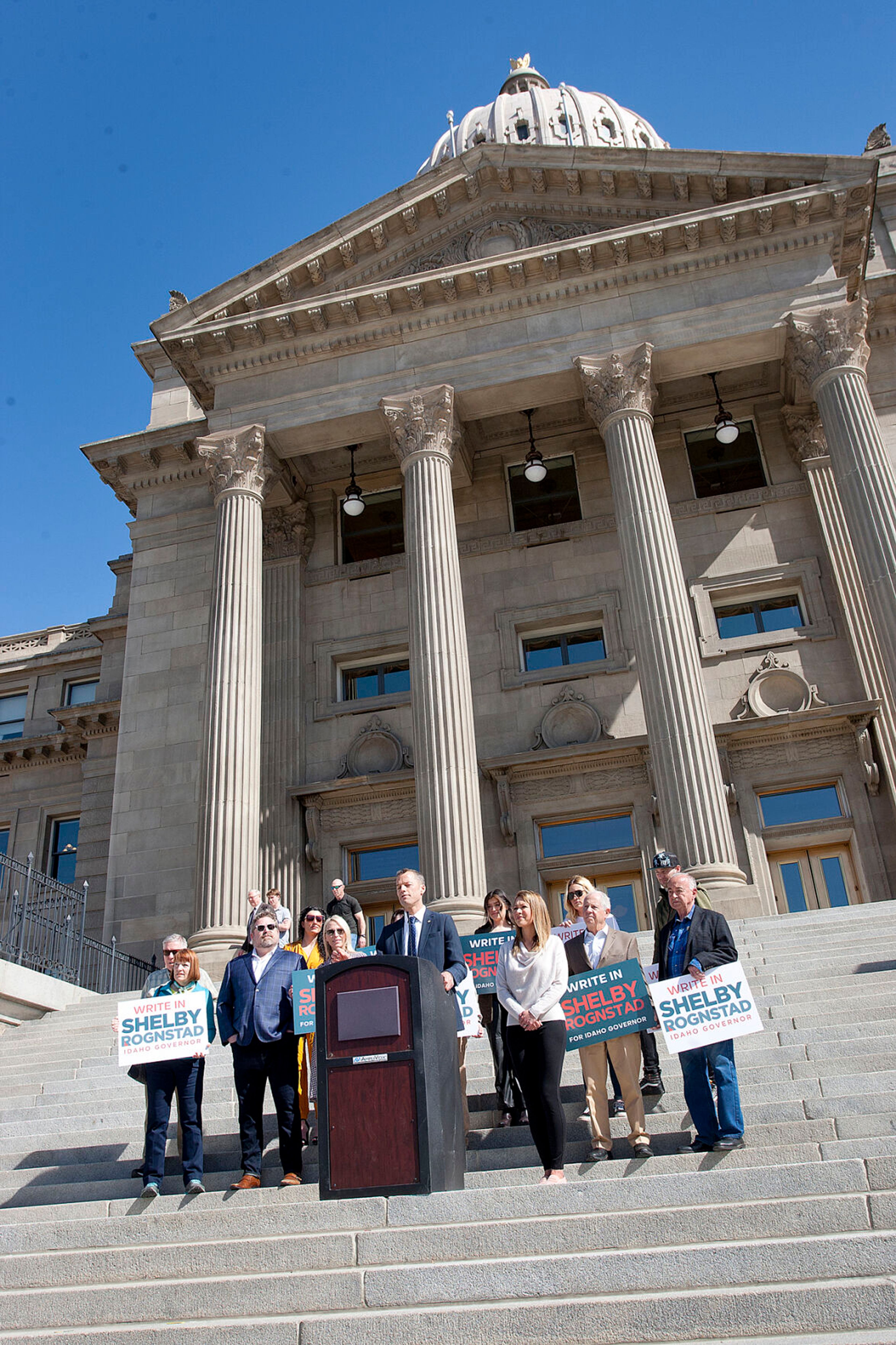 Sandpoint Mayor Shelby Rognstad speaks during a news conference Thursday on the steps of the Idaho Capitol. Rognstad failed to make the democractic primary ballot in the race for governor, but will attempt to secure the nomination as a write-in candidate.