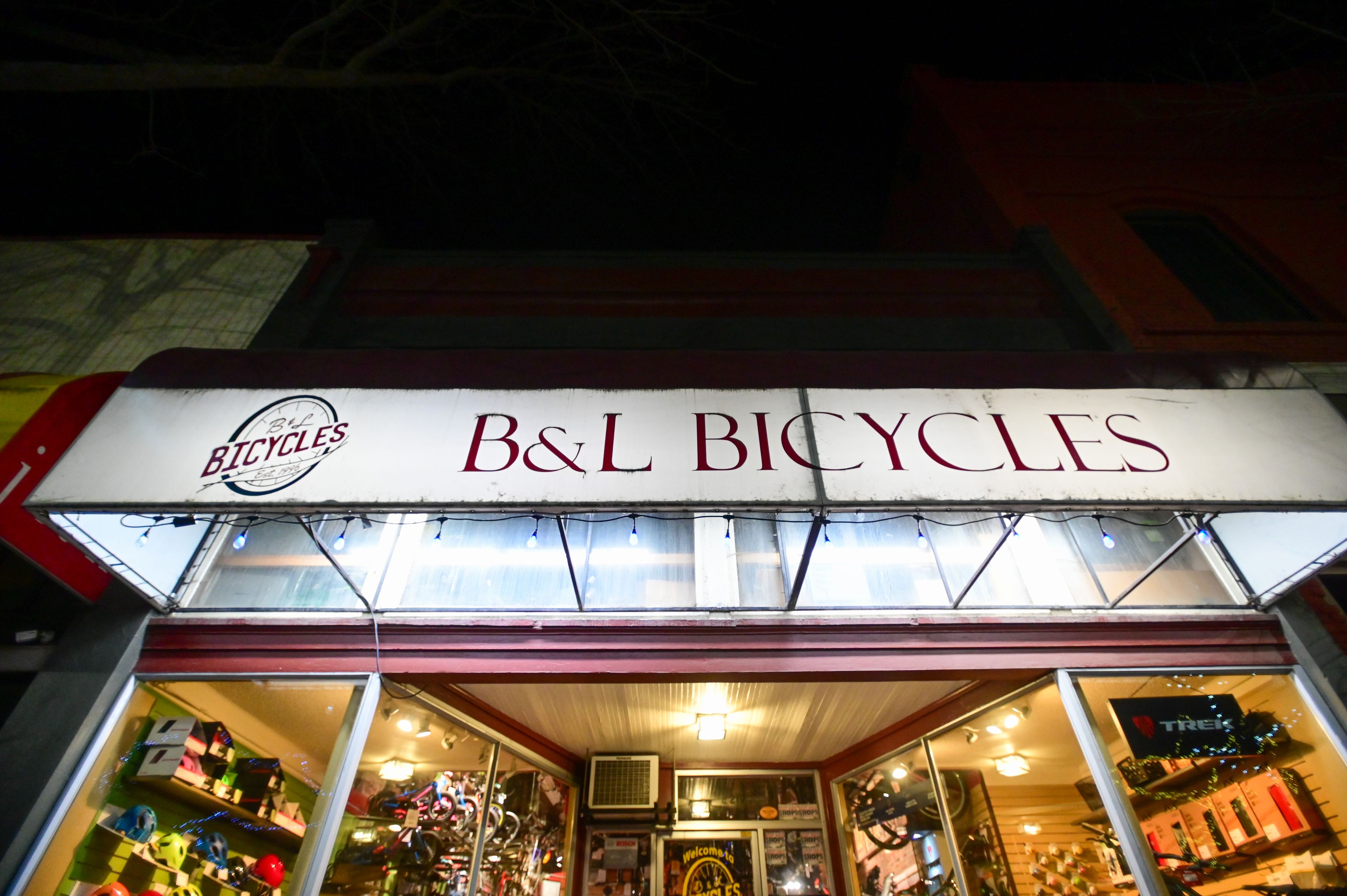 Lights highlight the entrance to B&L Bicycles in downtown Pullman on Tuesday, Nov. 14.