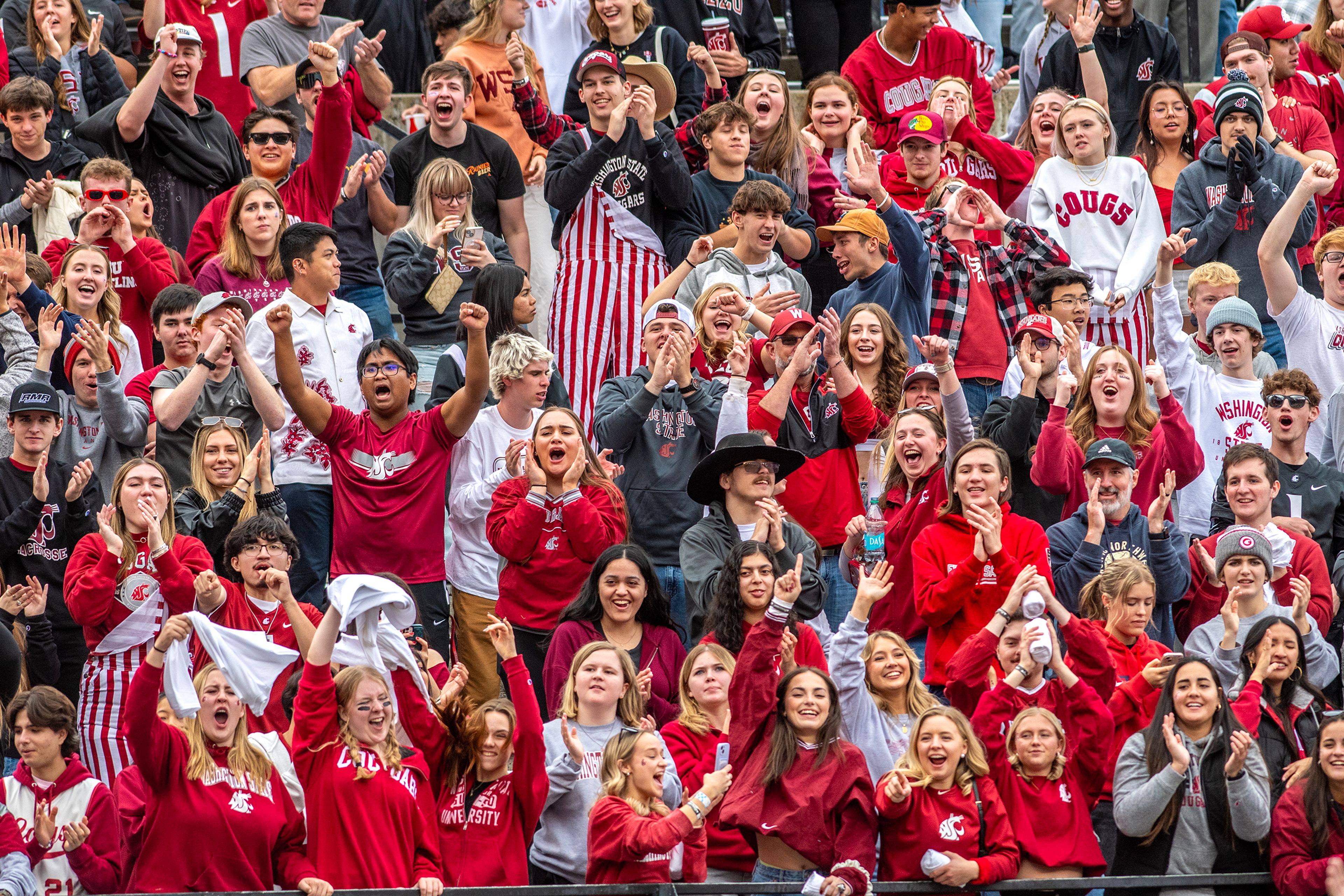 Washington State fans cheer as the Cougars score a touchdown against Hawaii in a college football game on Saturday at Gesa Field in Pullman. WSU defeated Hawaii 42-10.,