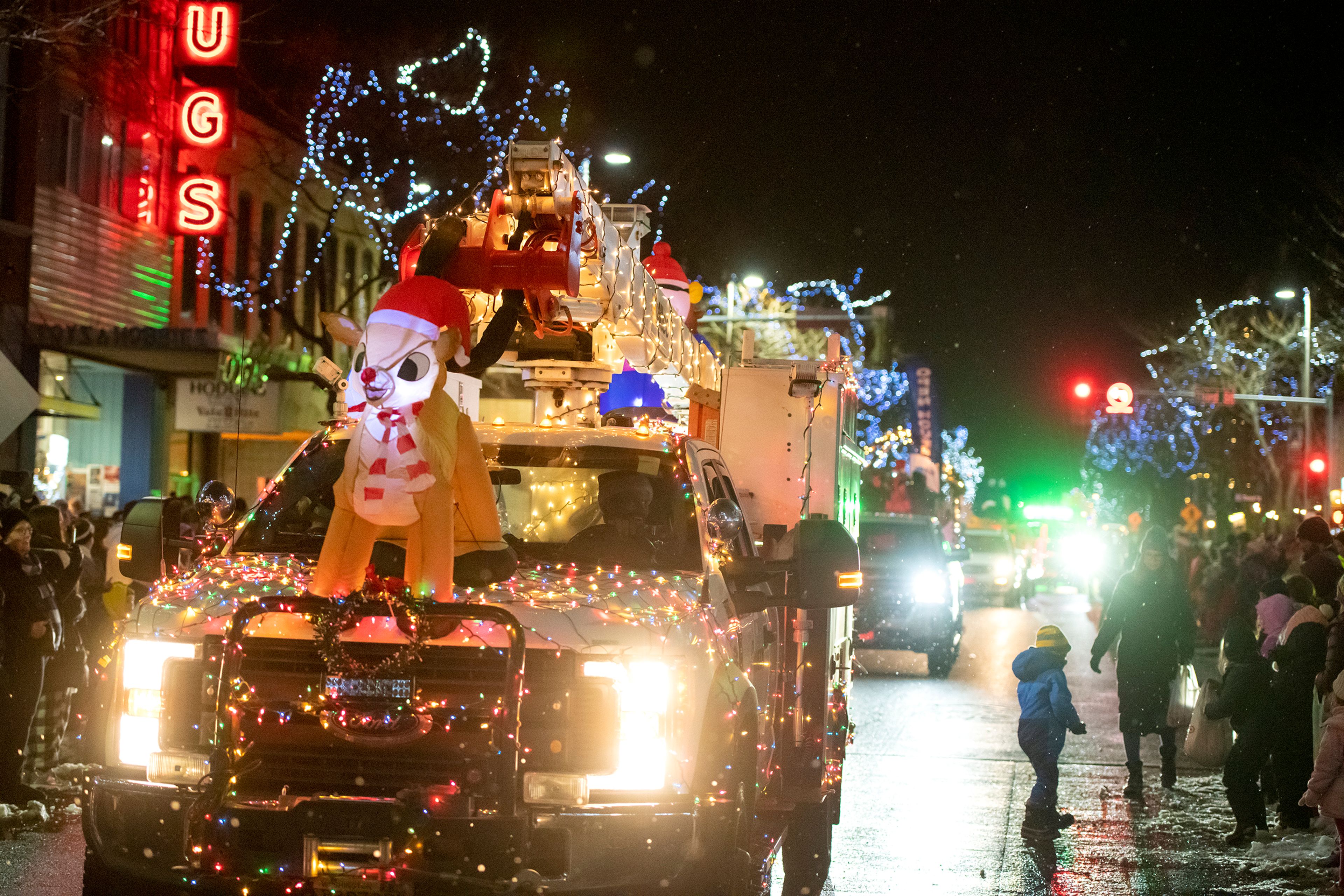 Floats move down Main Street in Moscow during the Light up the Season Parade on Thursday.