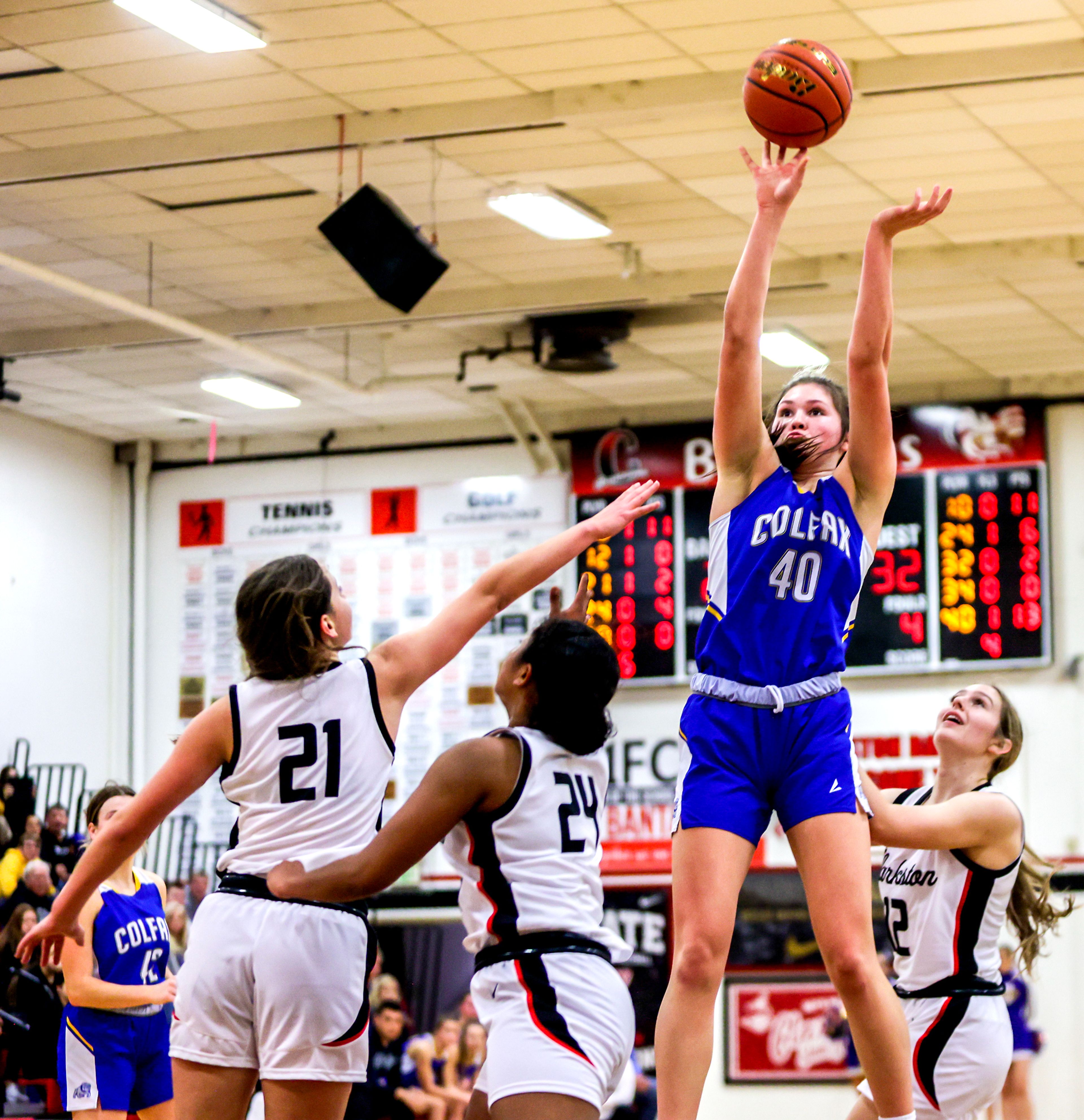 Colfax post Brynn McGaughy takes a shot against Clarkston in a quarter of a nonleague game Thursday at Clarkston.