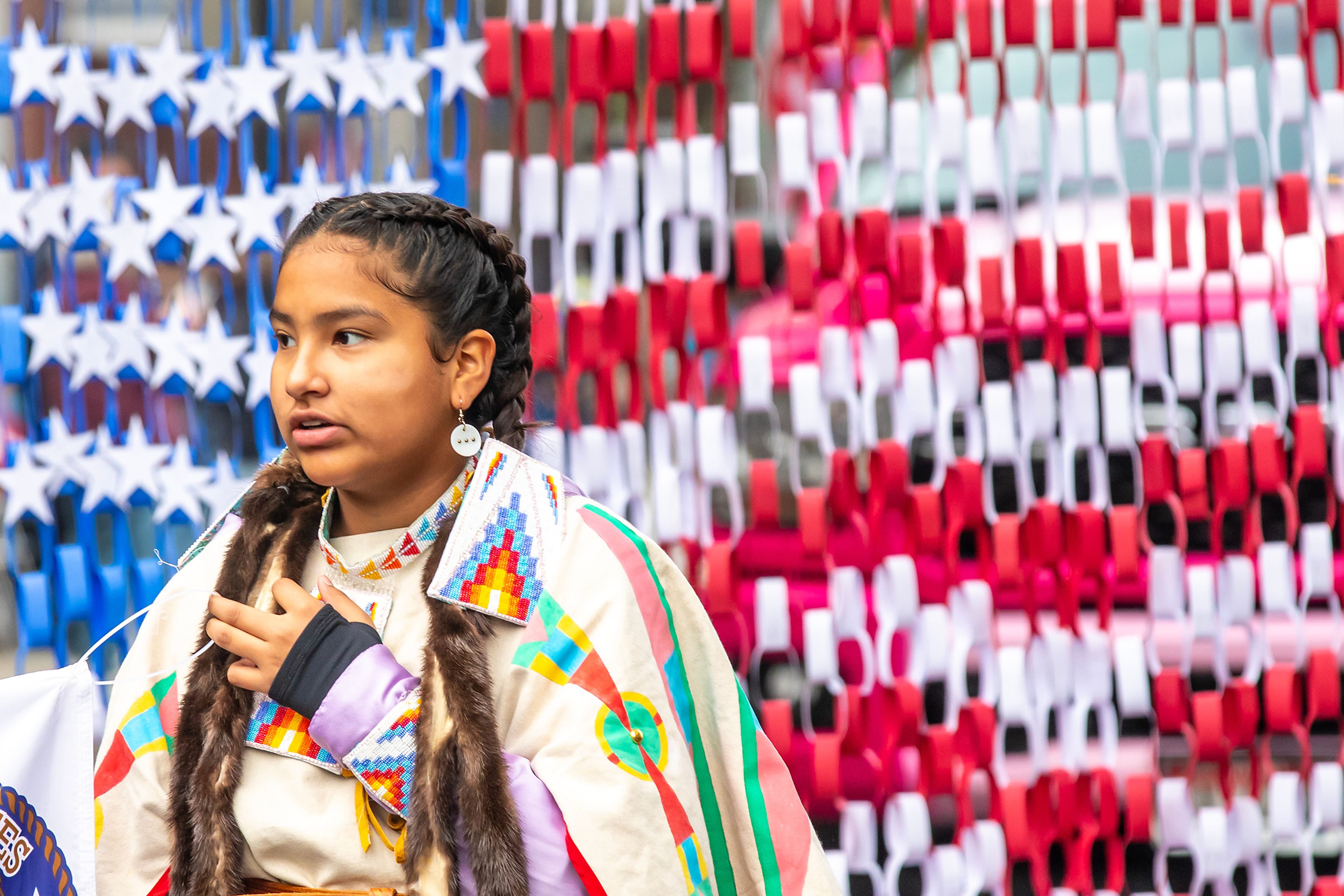 A Nez Perce Tribal members marches Saturday at the Veteran’s Day Parade on Main Street in Lewiston.