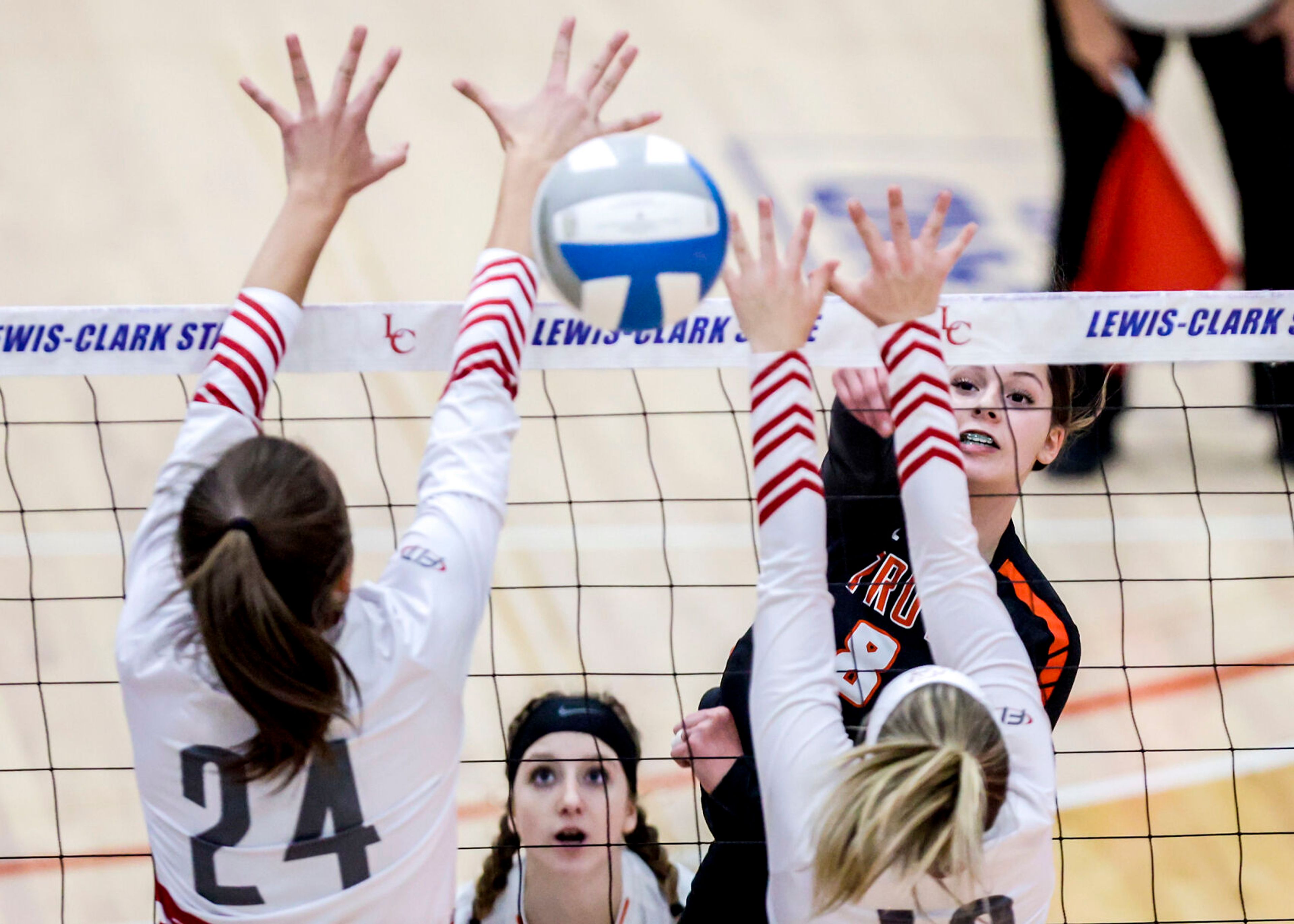 Troy faces off against Grace at the Lewis-Clark State College Athletic Center on Saturday. Troy defeated Grace in three sets to become the 1A DI state champions.