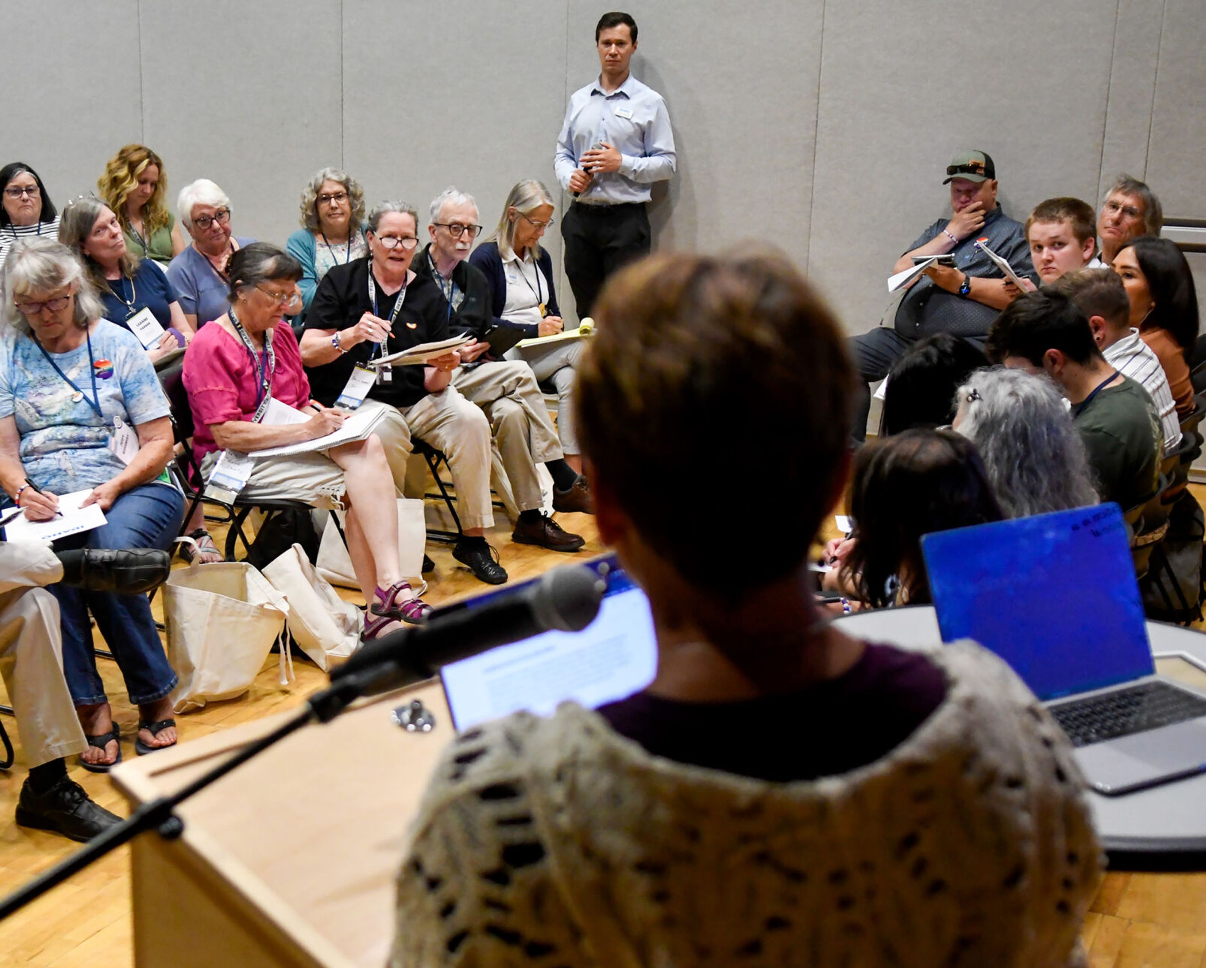 Patrice Yeatter, center, of Idaho County, gives feedback at the Platform Hearing, where committee members read through the Idaho Democratic Party’s platforms and listened to crowd input during the party’s convention on Saturday in Moscow.