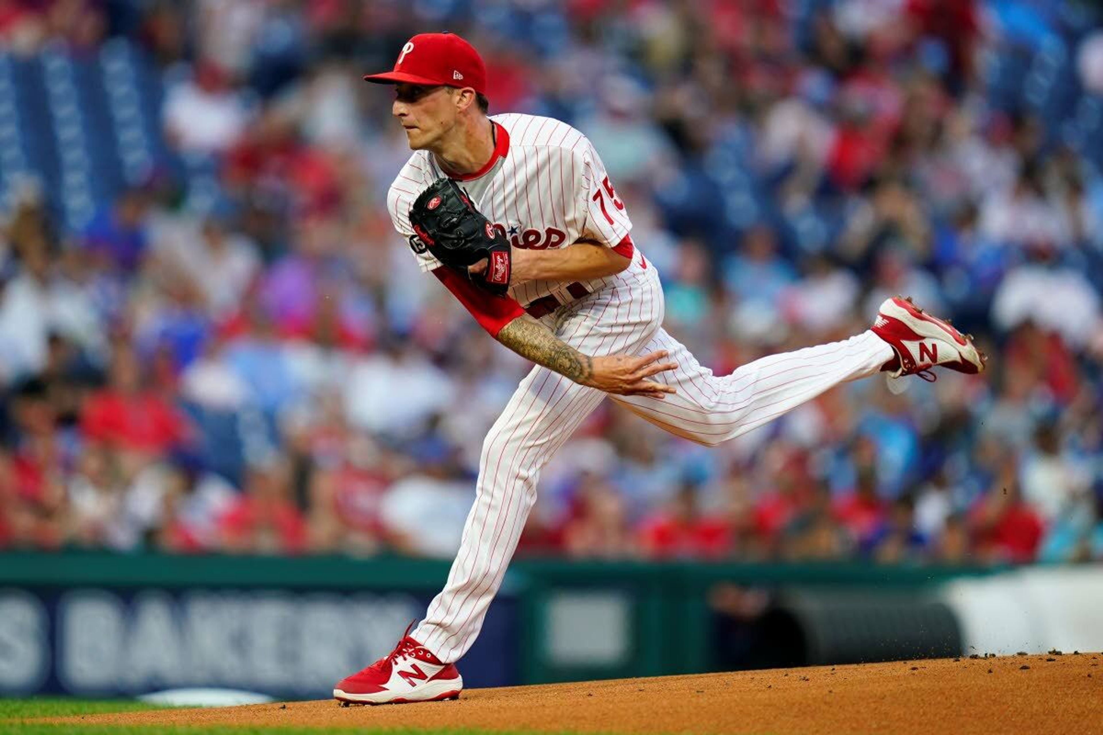 Former Lewis-Clark State and current Philadelphia right-hander Connor Brogdon throws during a game against the Los Angeles Dodgers.