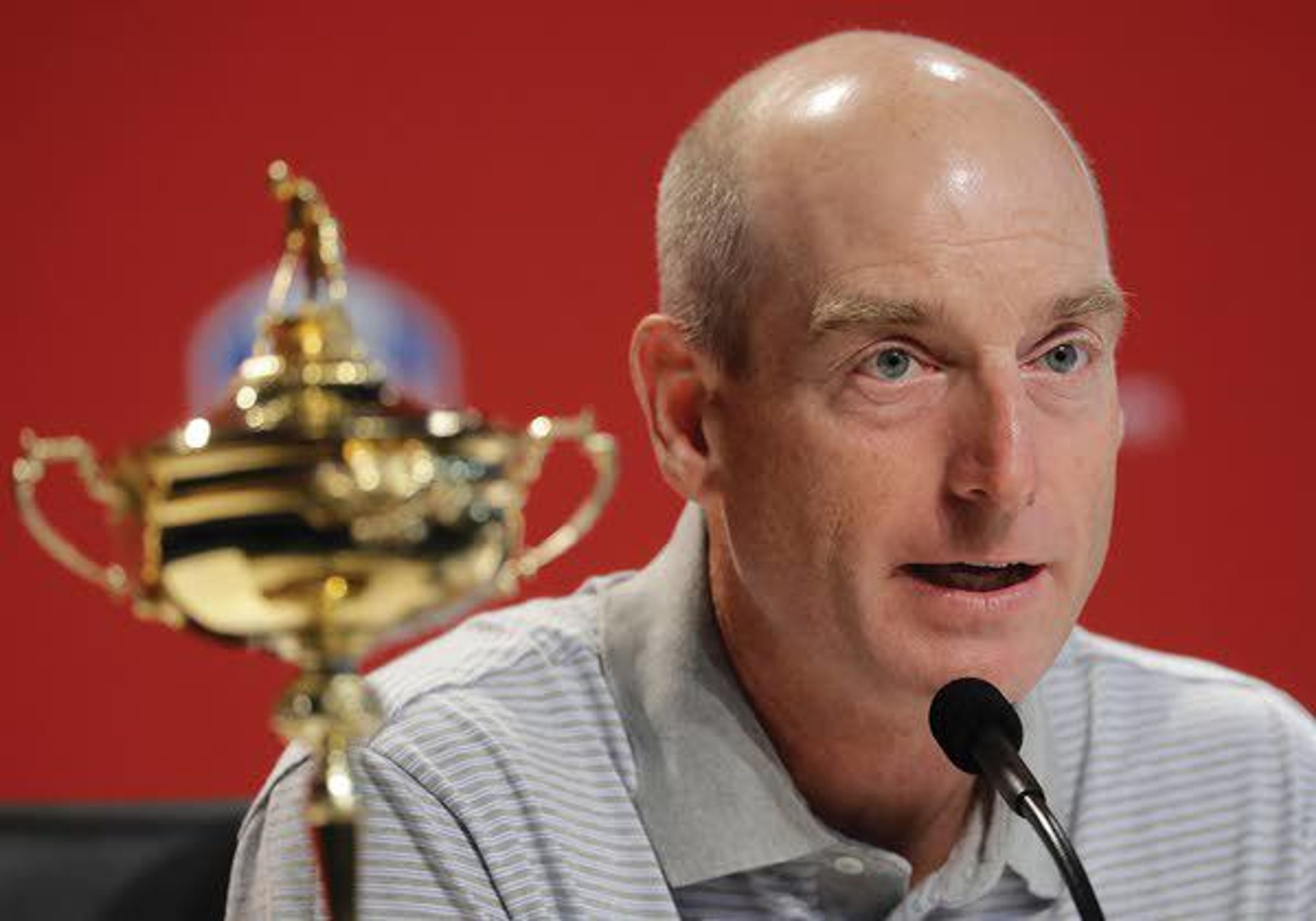 2018 U.S. Ryder Cup Team Captain Jim Furyk speaks during a news conference at Bellerive Country Club on Monday in St. Louis.