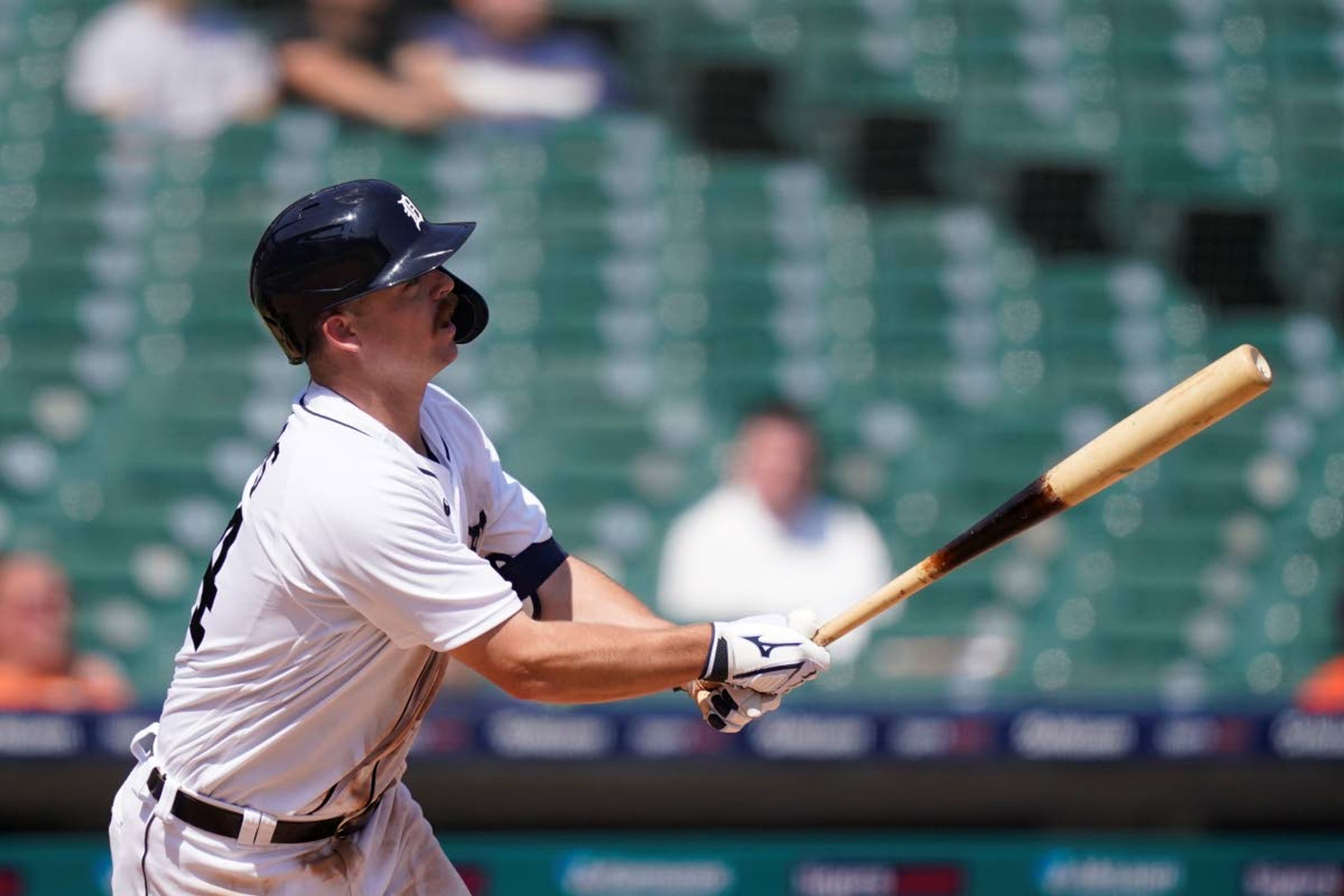 Detroit Tigers' Jake Rogers watches his triple to center field during the seventh inning of a baseball game against the Seattle Mariners, Thursday, June 10, 2021, in Detroit. (AP Photo/Carlos Osorio)