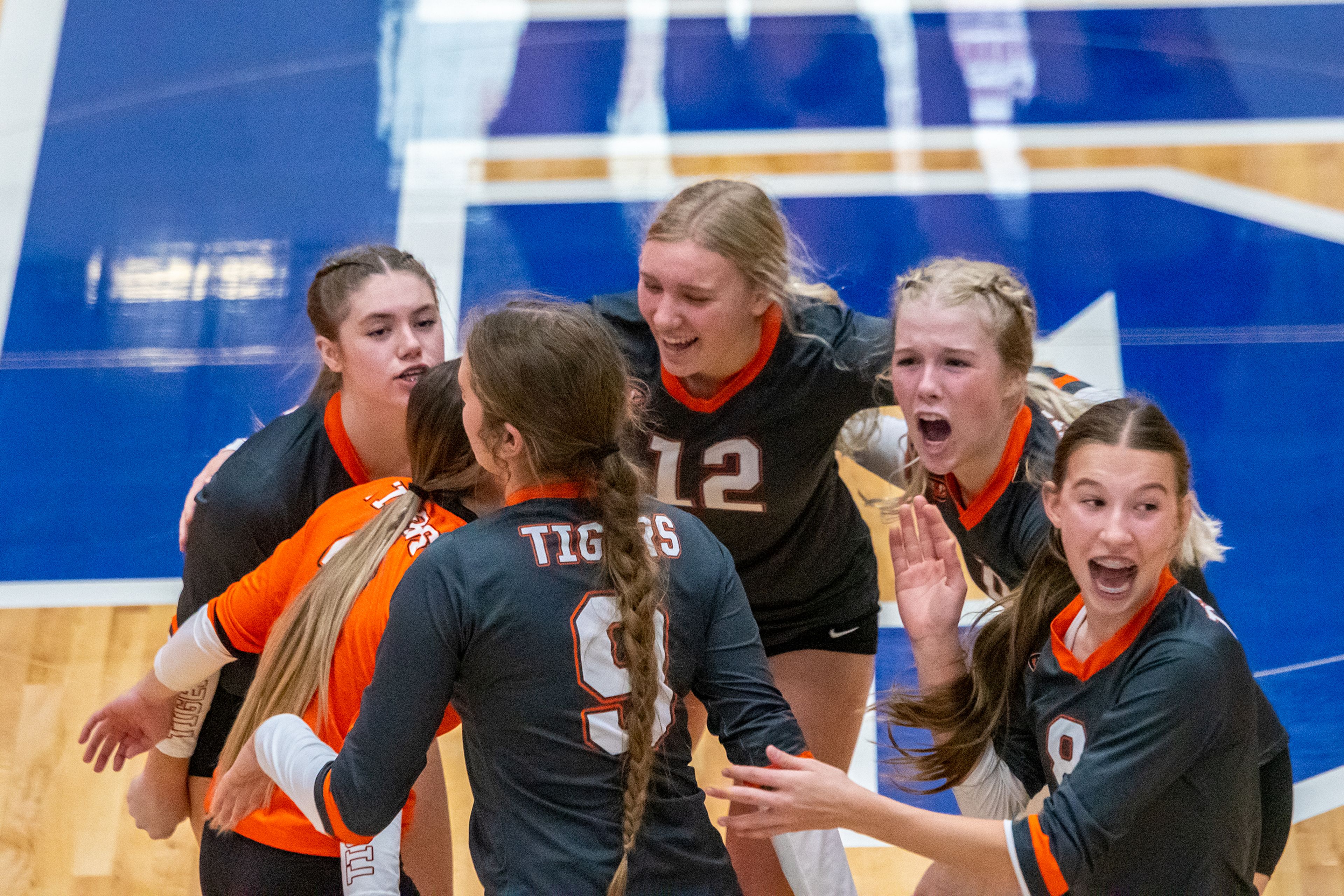 Kendrick celebrates after a successful rally against Deary during the Idaho Class 1A Division II district volleyball tournament final at the P1FCU Activity Center in Lewiston on Thursday.