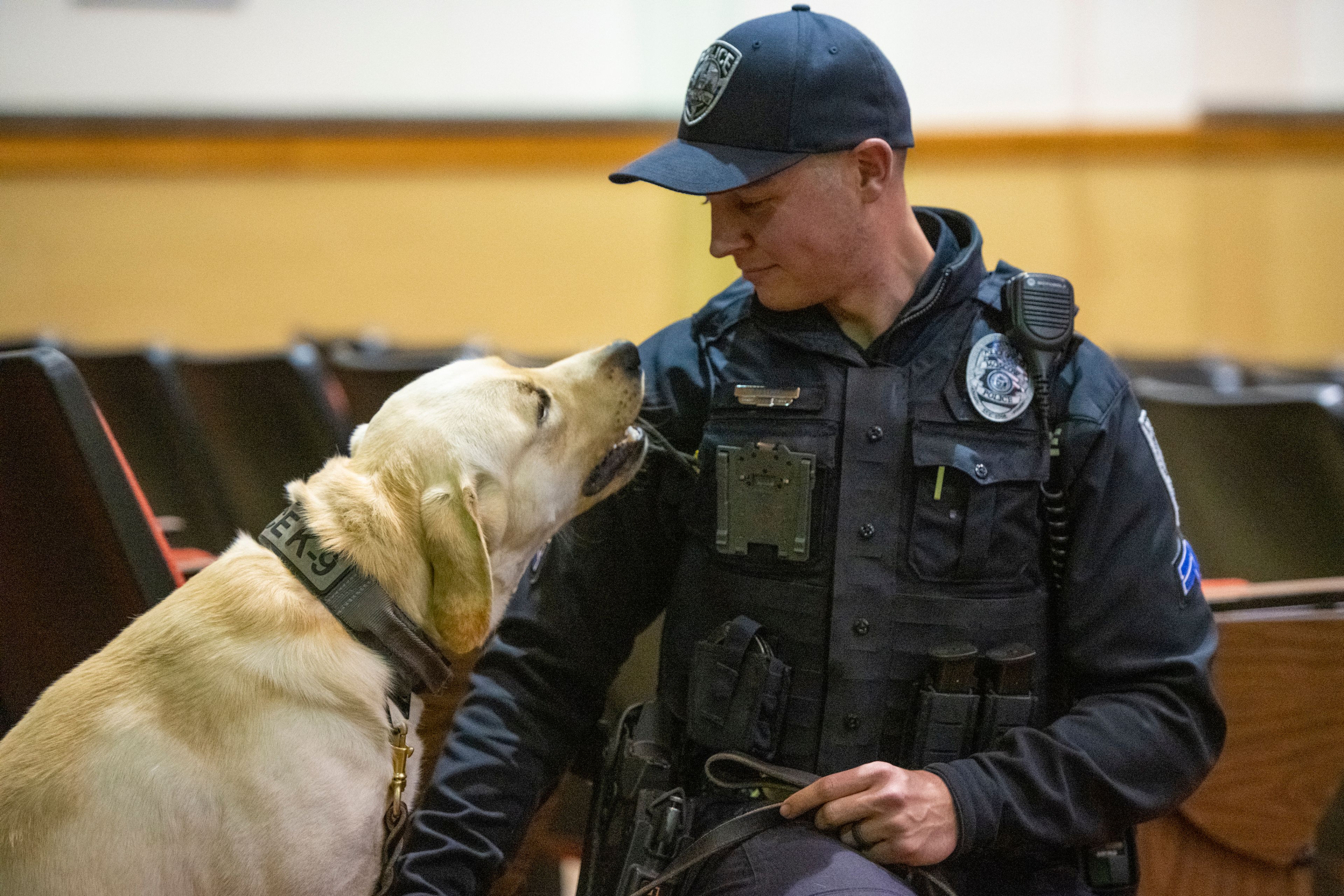 Corporal Ryan Snyder prepares to introduce Ragnar, a drug detecting K-9, to an audience in October, 2022, during a drug awareness presentation from the Moscow Police Department in honor of Red Ribbon Week at Moscow High School.