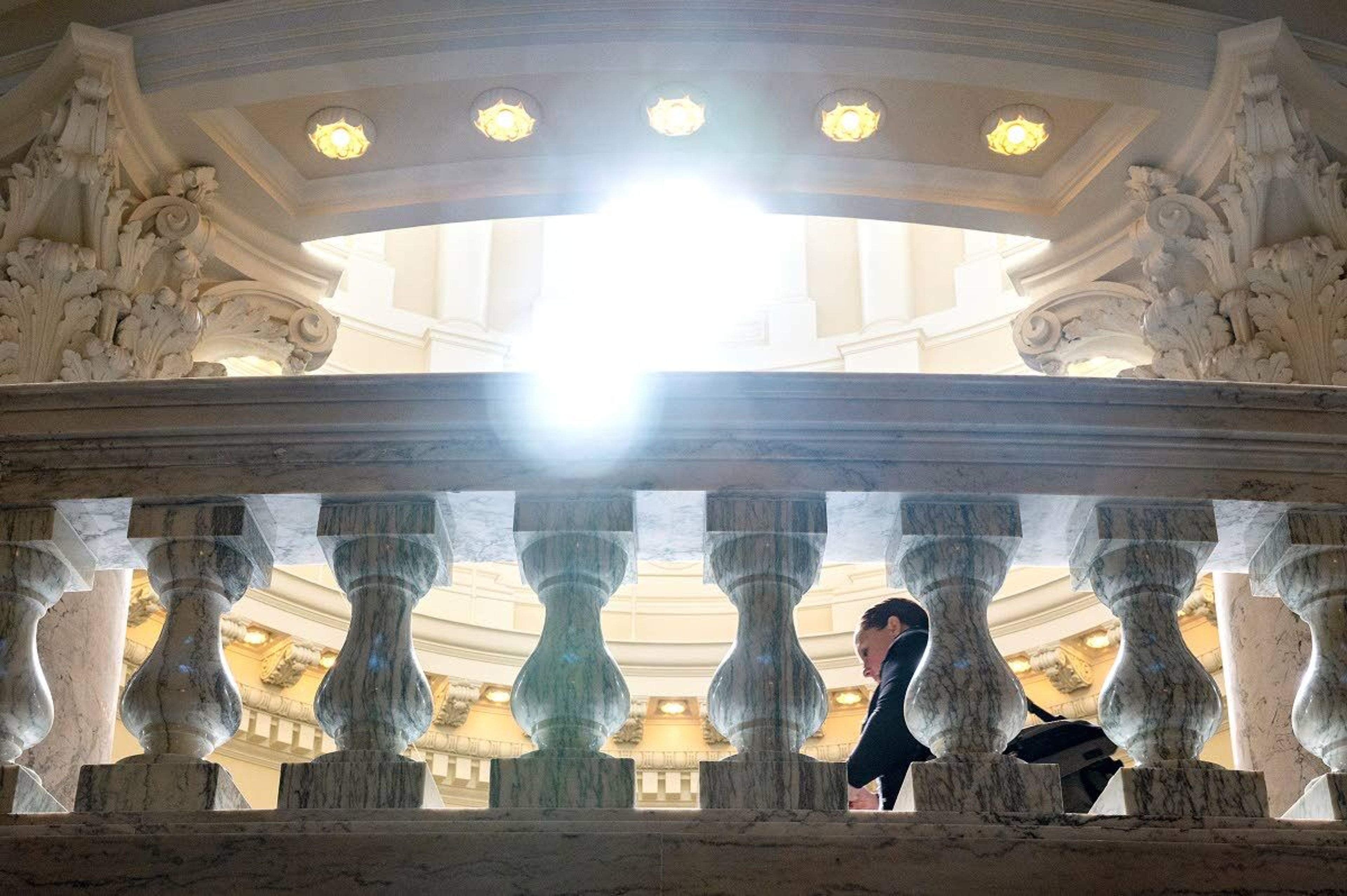 Large, ornate columns accent the rotunda of the Idaho Capitol while a gray-marble-columned railing surrounds the fourth-floor walkway. According to the Capitol Commission, the building contains more than 50,000-square-feet of artistically carved marble.