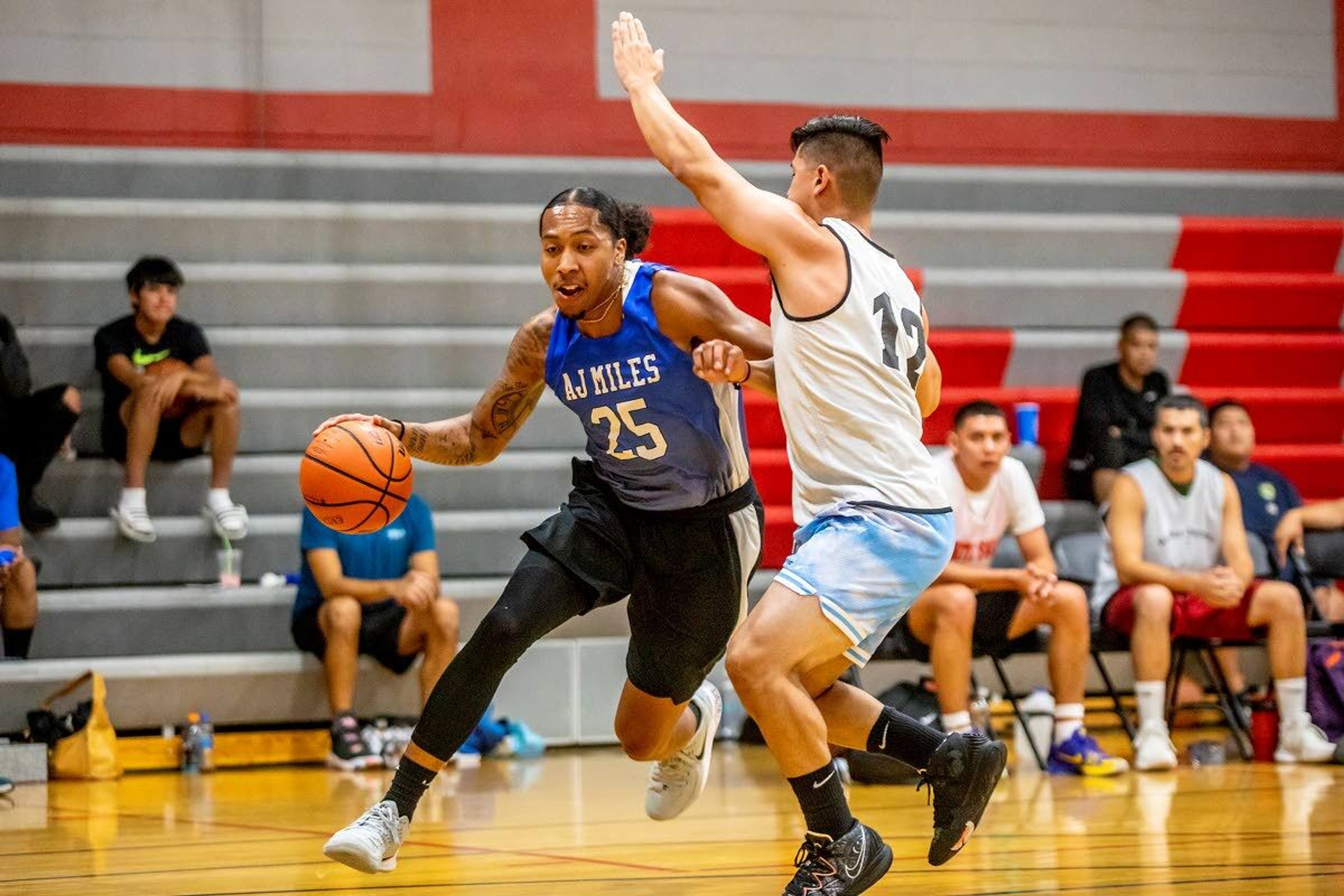 Former Clarkston High School and University of Idaho standout Trevon Allen drives to the basket during the AJ Miles Memorial basketball tournament Saturday at the Pi-Nee-Waus Community Center in Lapwai.