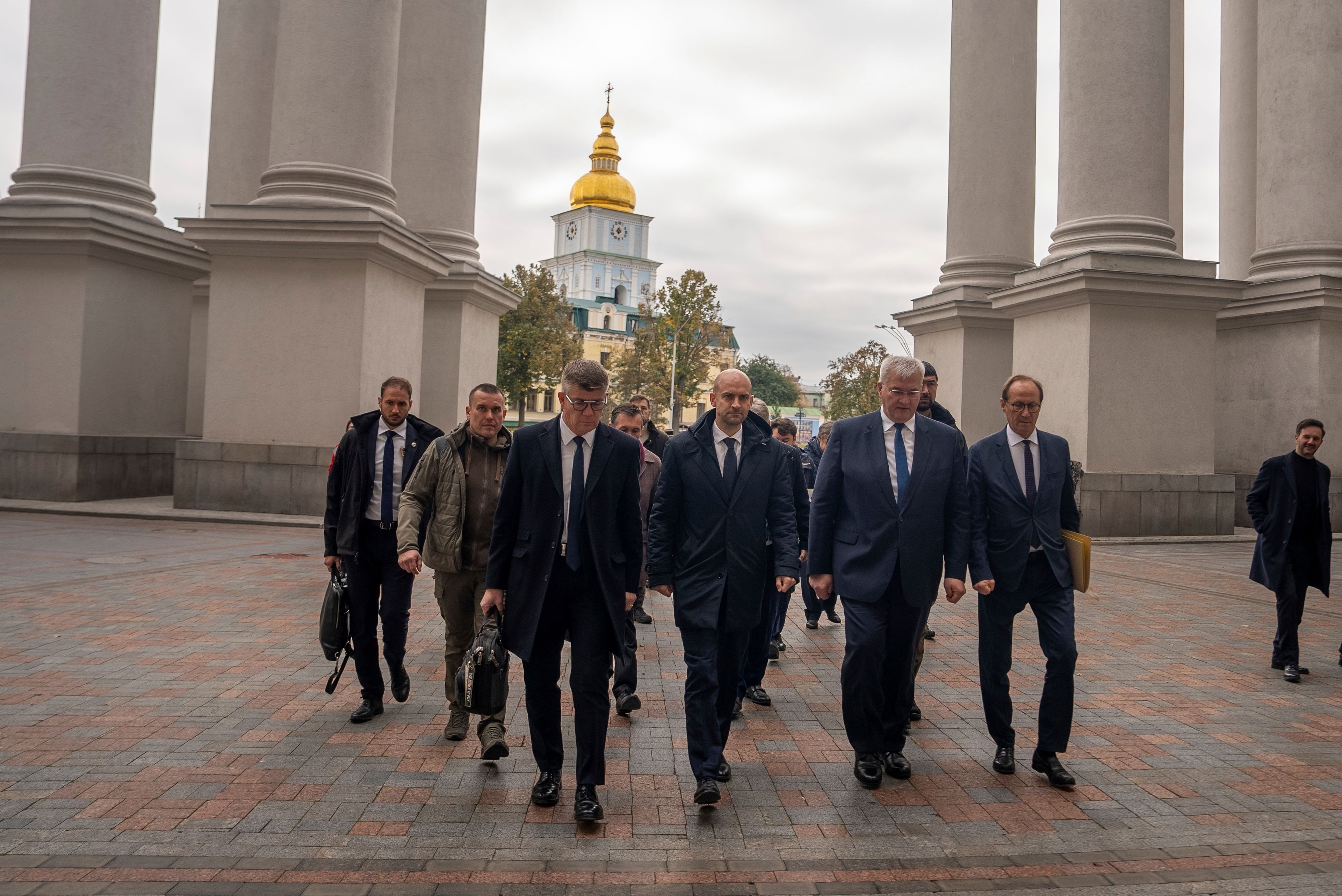 French Foreign Minister Jean-Noel Barrot and Ukrainian Minister of Foreign Affairs Andrii Sybiha walk towards Ministry of Foreign Affairs in central Kyiv, Ukraine, Saturday, Oct. 19, 2024. (AP Photo/Alex Babenko)