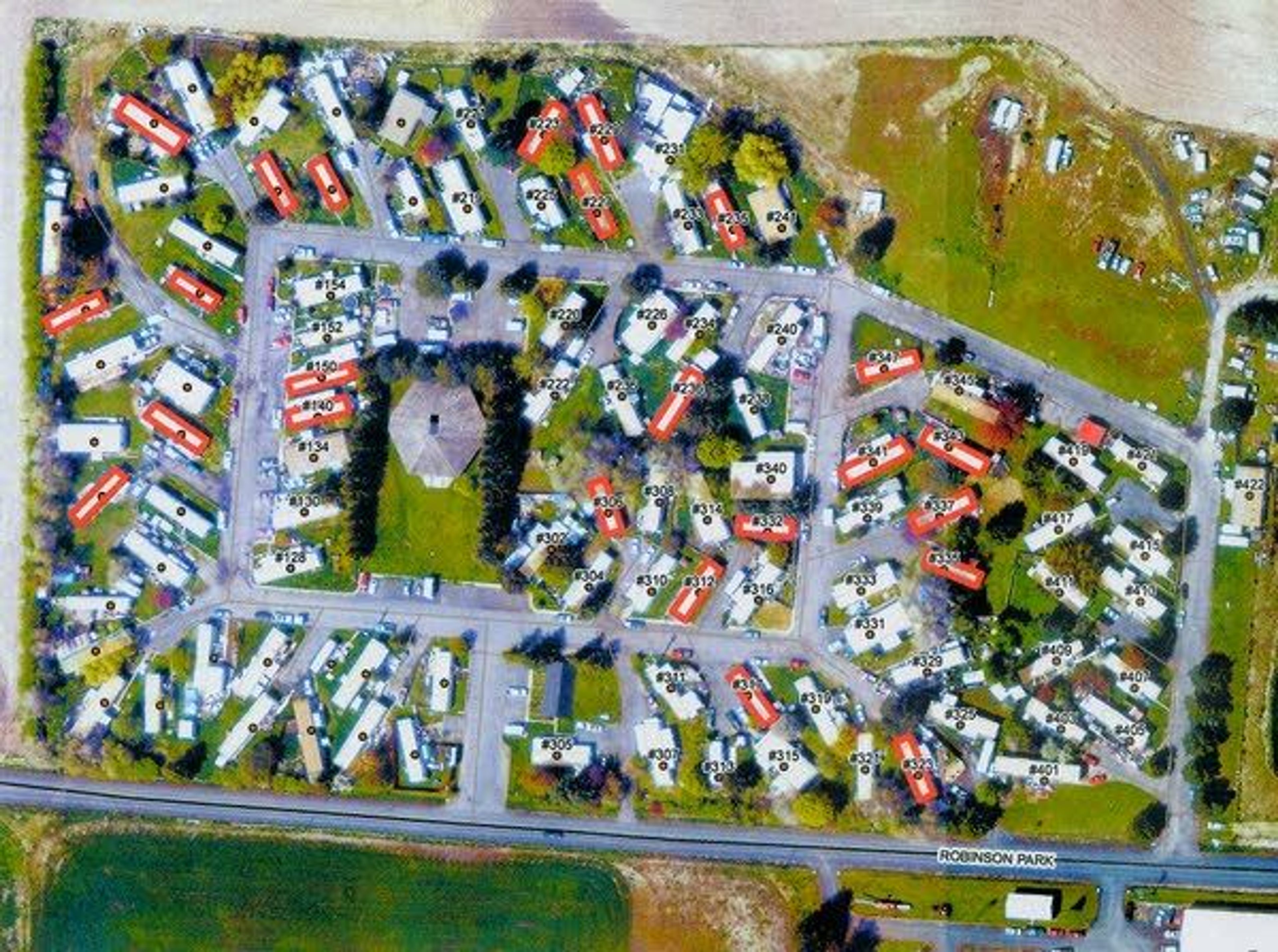 Mobile homes and empty lots that have been red-tagged can be seen in this photo from Jan. 31, 2014, at Syringa Mobile Home Park east of Moscow.