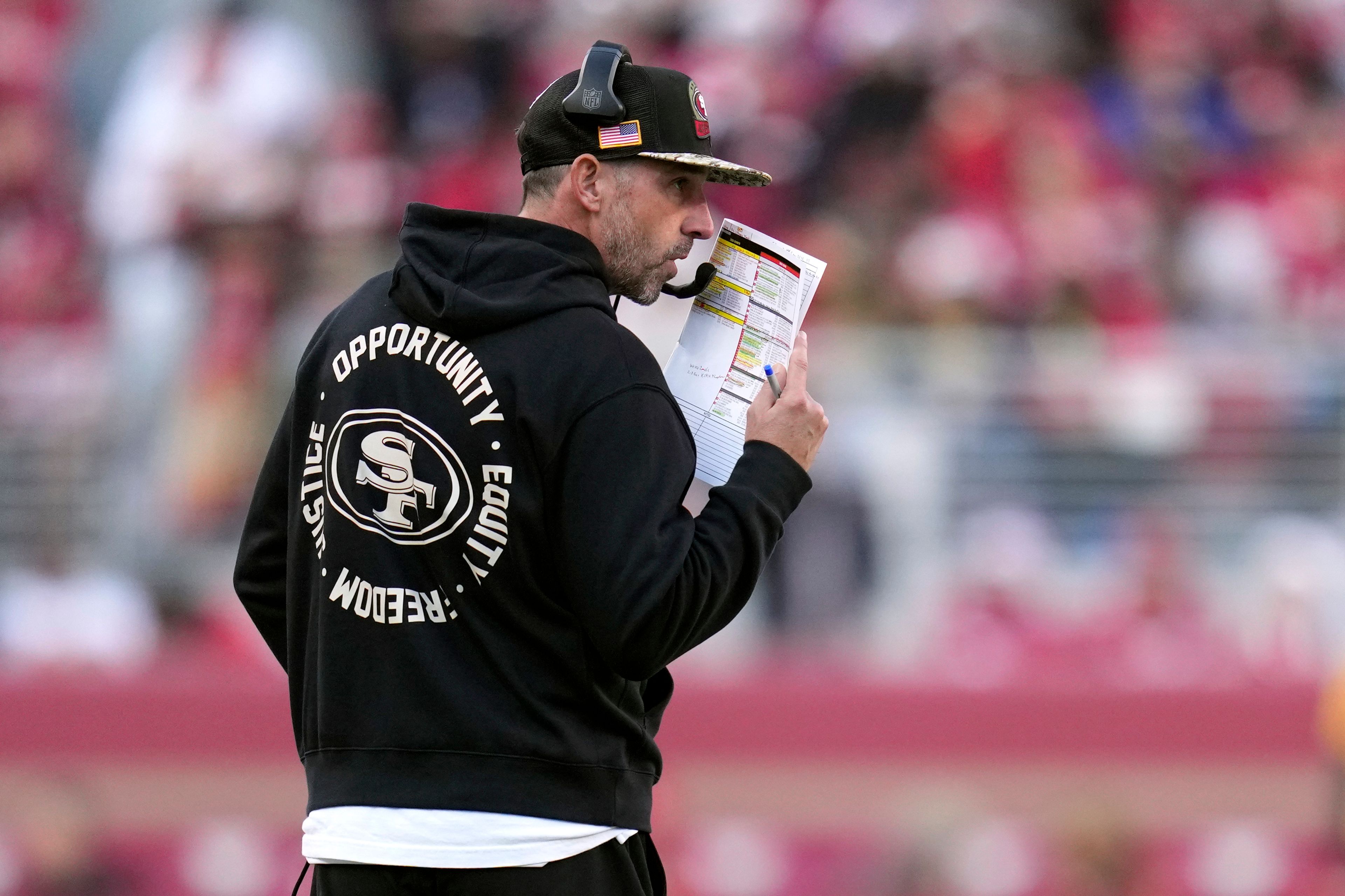 San Francisco 49ers head coach Kyle Shanahan watches the second half of an NFL football game against the Washington Commanders, Saturday, Dec. 24, 2022, in Santa Clara, Calif. (AP Photo/Godofredo A. Vásquez)