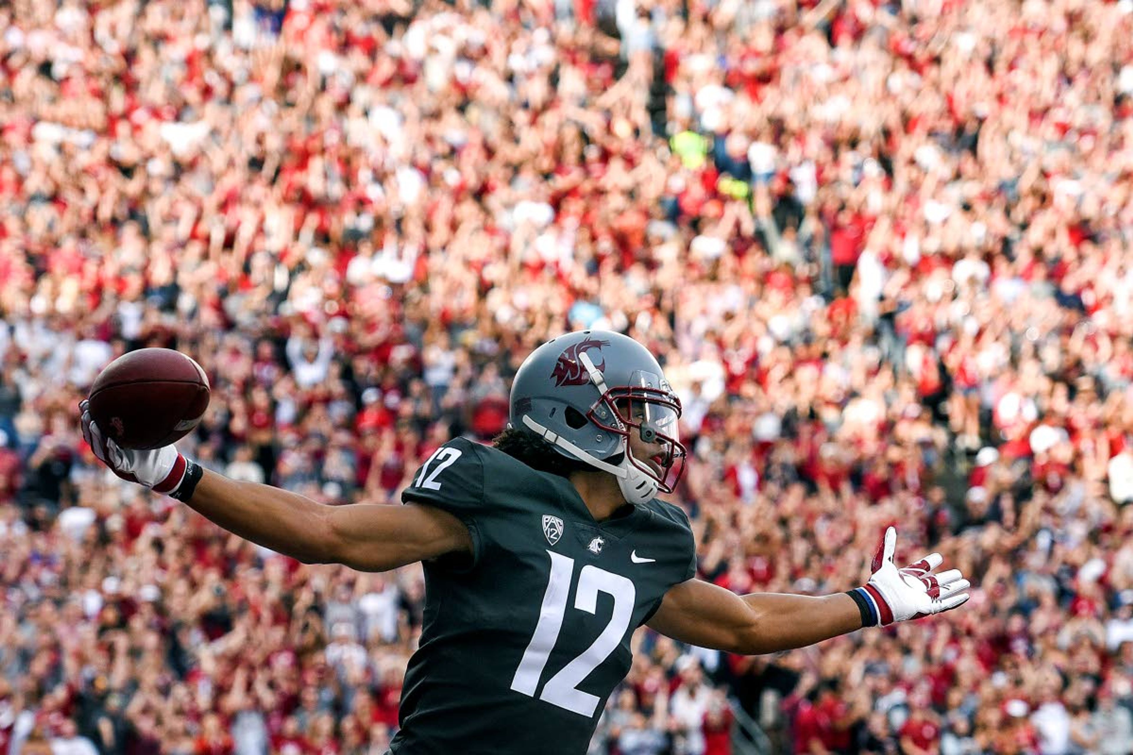 Washington State wide receiver Dezmon Patmon celebrates a touchdown during a game in 2018. Local businesses are excited to learn that a full Martin Stadium will be back come football season.Pete Caster Daily News