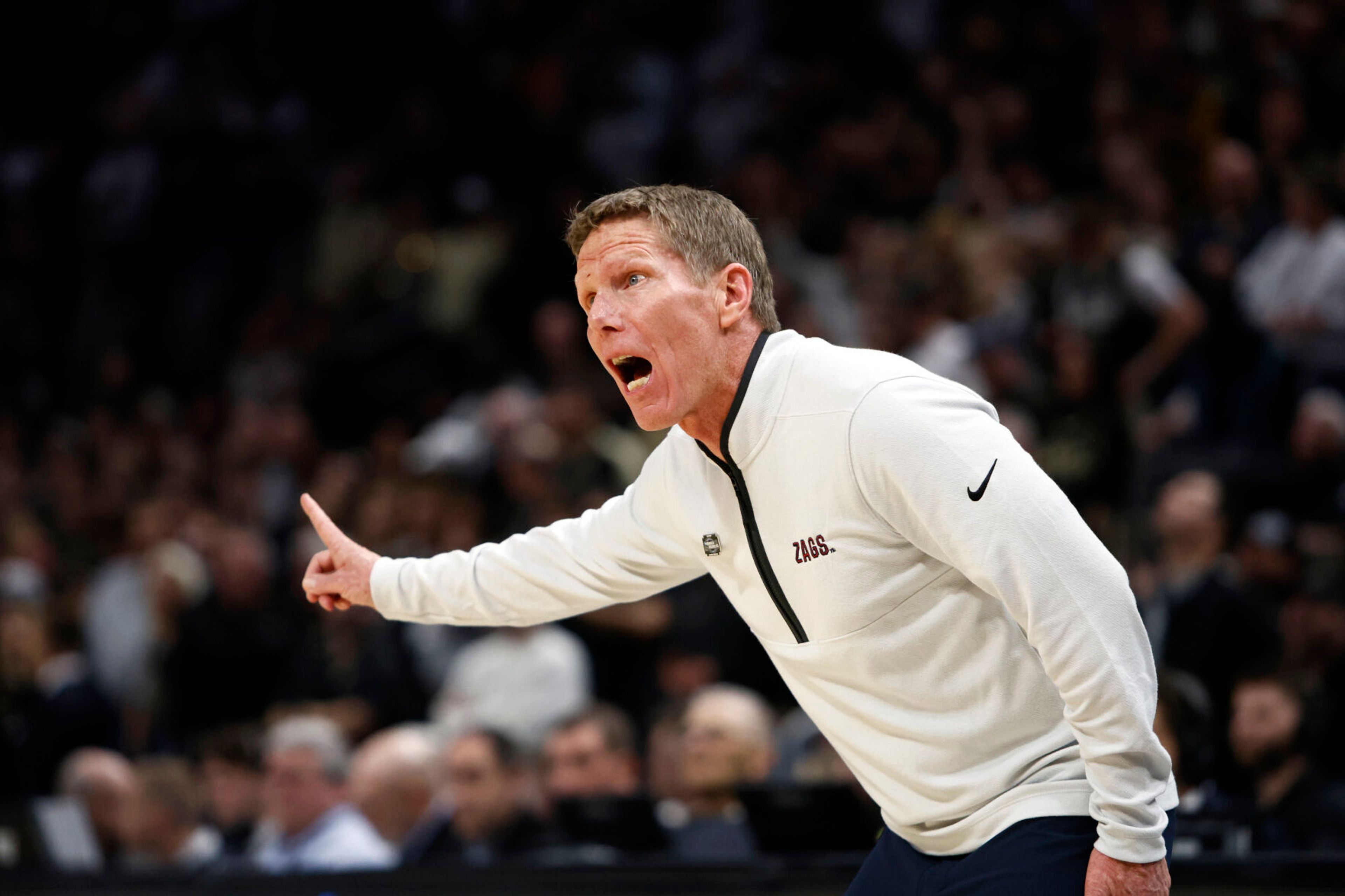 Gonzaga head coach Mark Few yells from the sideline during the first half of a Sweet 16 college basketball game against Purdue on March 29 in the NCAA Tournament in Detroit.