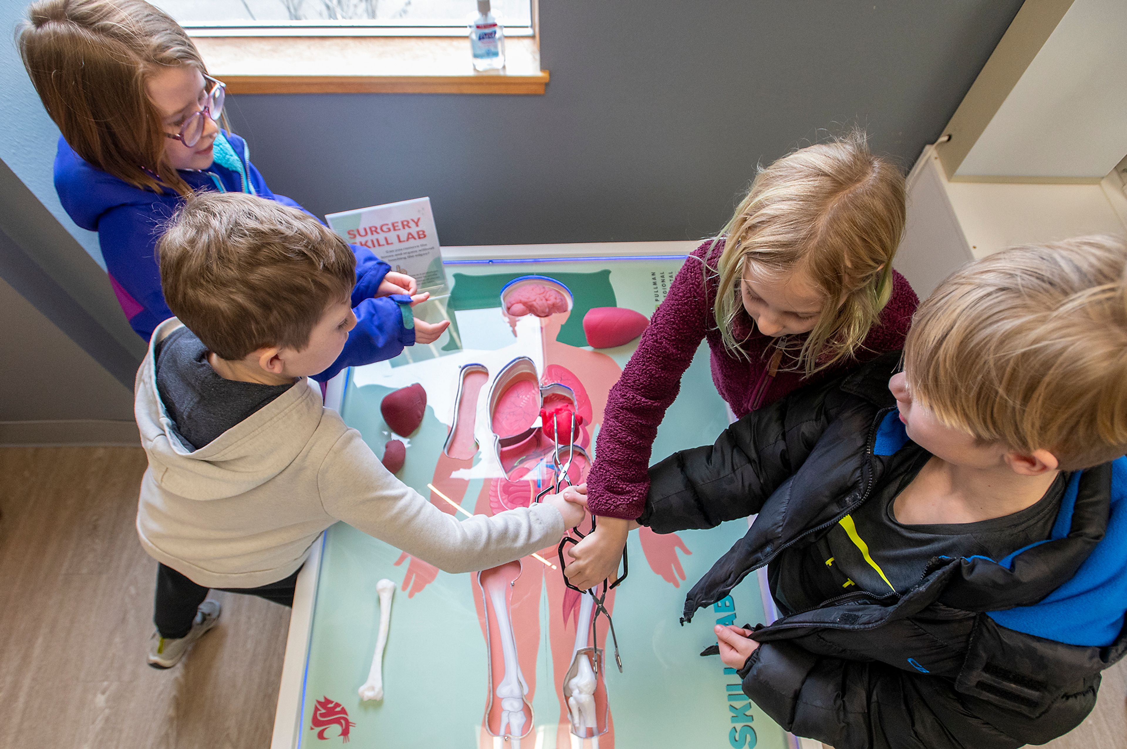 Fourth graders from Palouse Prairie Charter School perform surgery on a life-sized version of the game Operation at the Palouse Discovery Science Center in Pullman on Thursday.