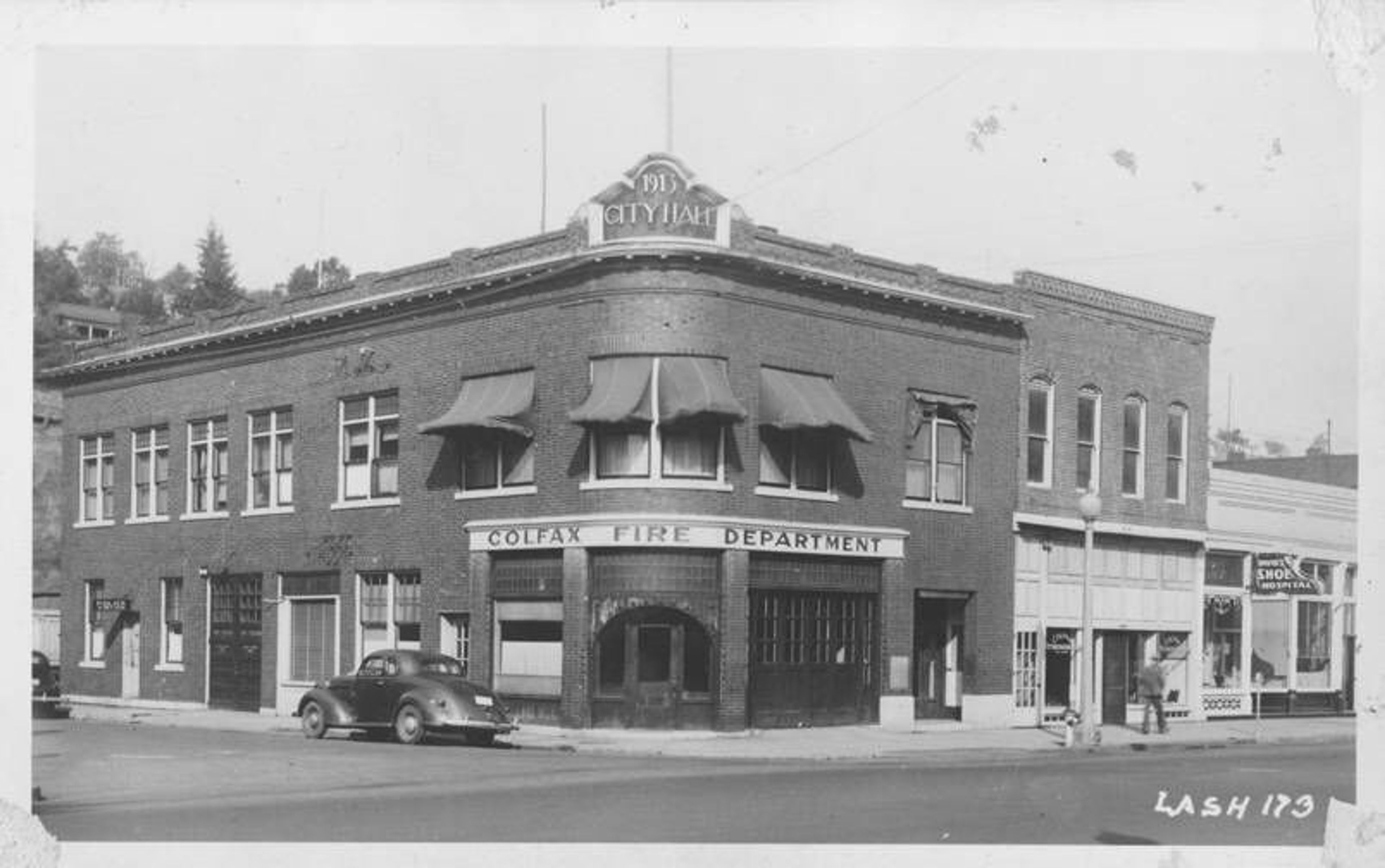 A postcard of the Colfax Fire Department located on the corner of Main and Canyon streets in Colfax. It was built in 1913 at a cost of $10,900. From the private photo collection of Sandy Jackson.