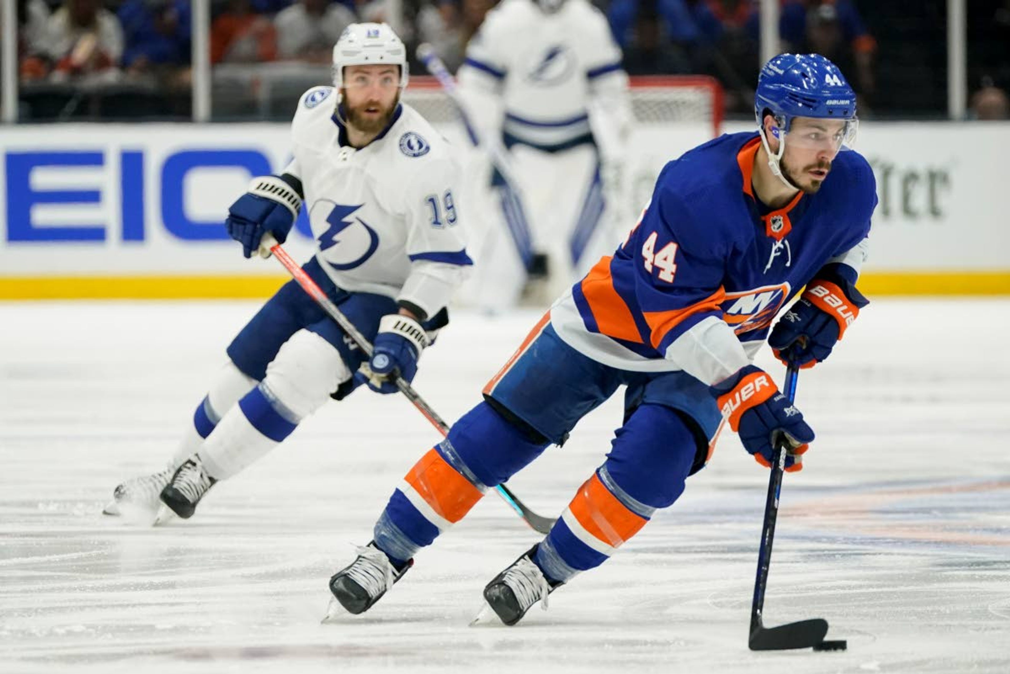 New York Islanders center Jean-Gabriel Pageau (44) takes the puck up the ice against the Tampa Bay Lightning during the third period of Game 6 of the NHL hockey Stanley Cup semifinals, Wednesday, June 23, 2021, in Uniondale, N.Y. (AP Photo/Frank Franklin II)