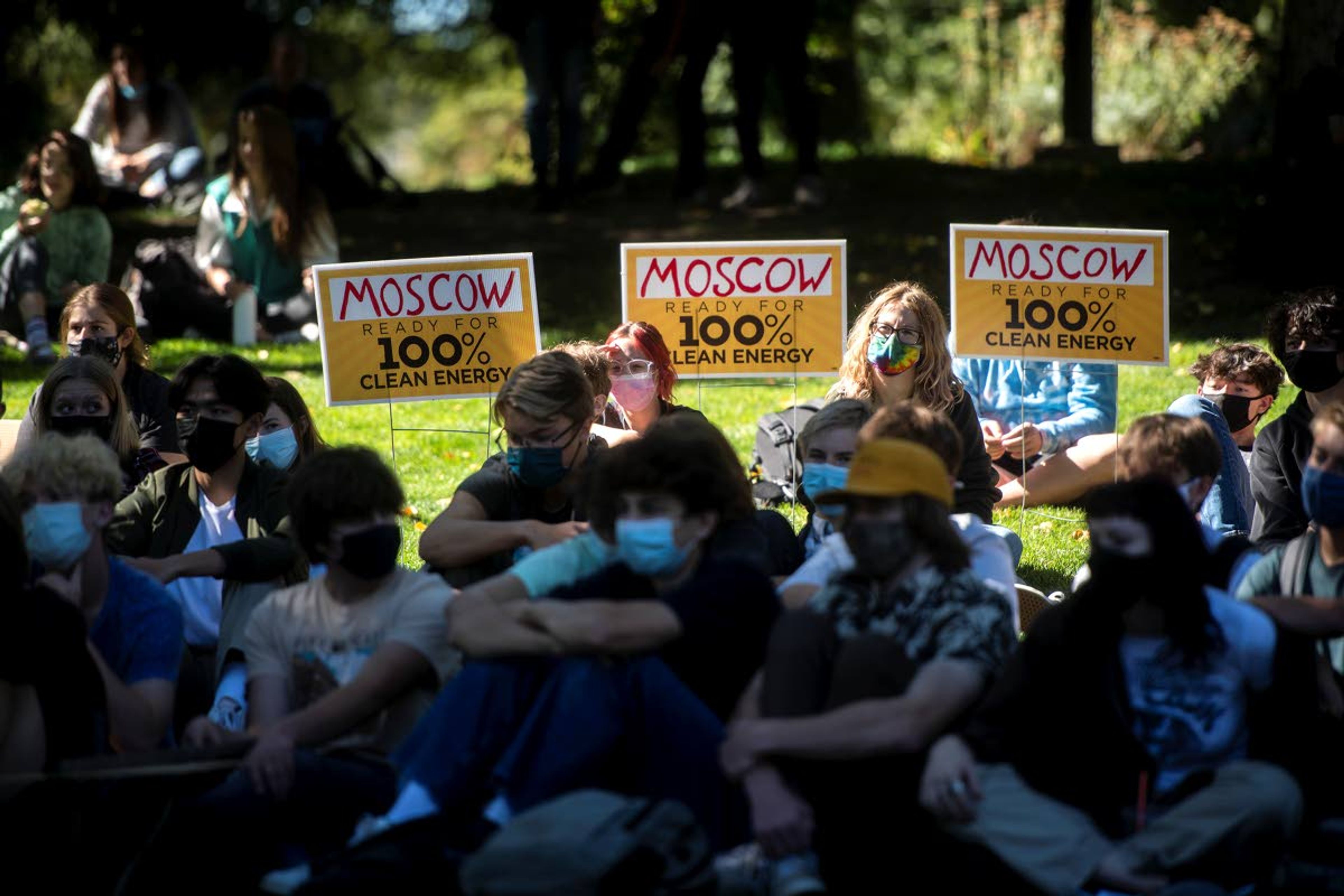 Students from Moscow High School participate in Global Walkout Day as they listen to guests speak about the current state of climate change Friday morning at East City Park as part of the Fridays for Future strike to advocate for 100 percent renewable energy in Moscow.Zach Wilkinson/ Daily News