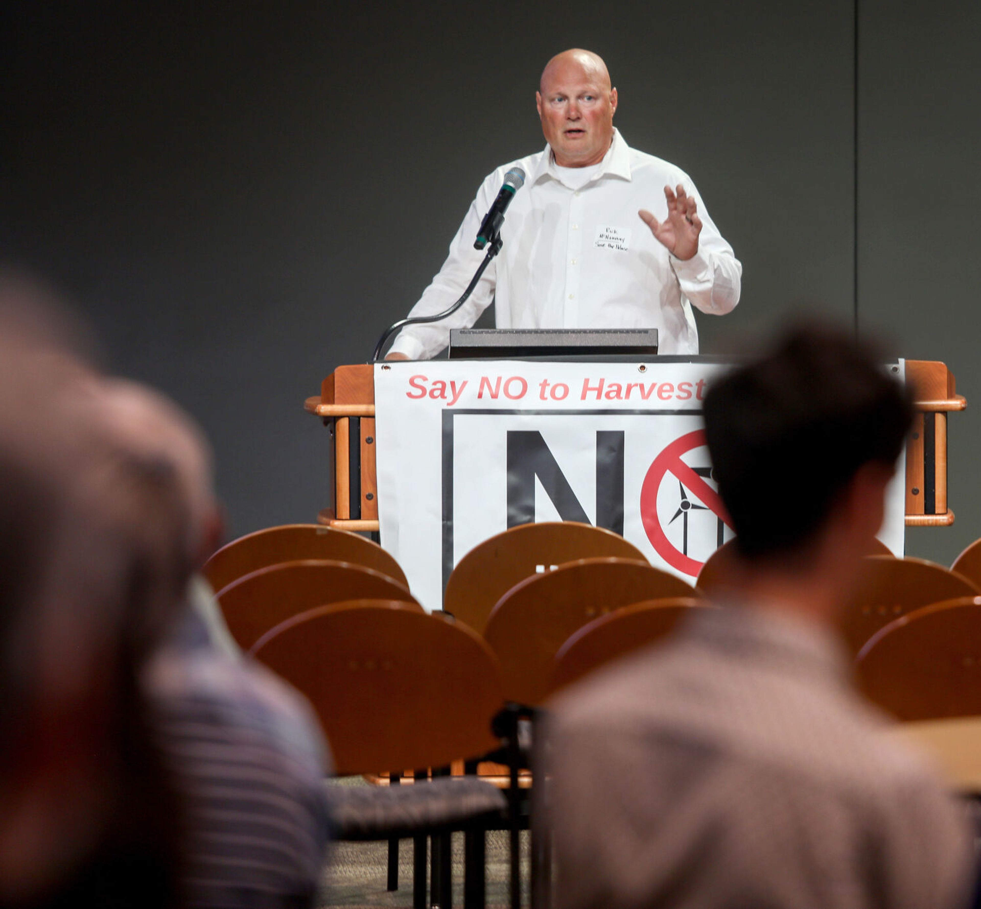 Rick McNannay, executive director for Save the Palouse, opens the group’s public meeting on Thursday in Pullman, sharing a little bit about the group and its mission statement.