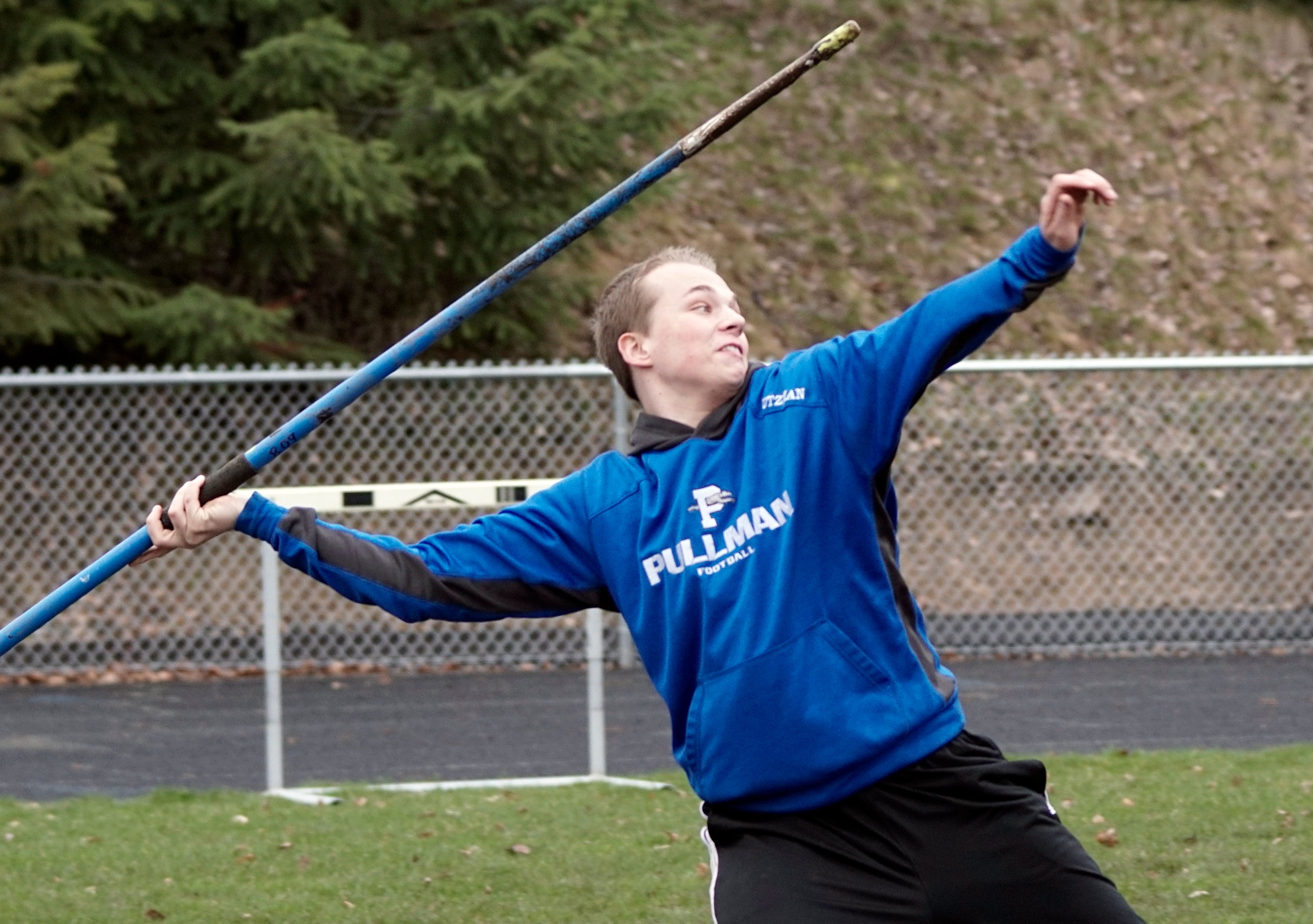 Pullman's Scott Utzman throws the javelin during a dual meet with Clarkston in Pullman on Wednesday.