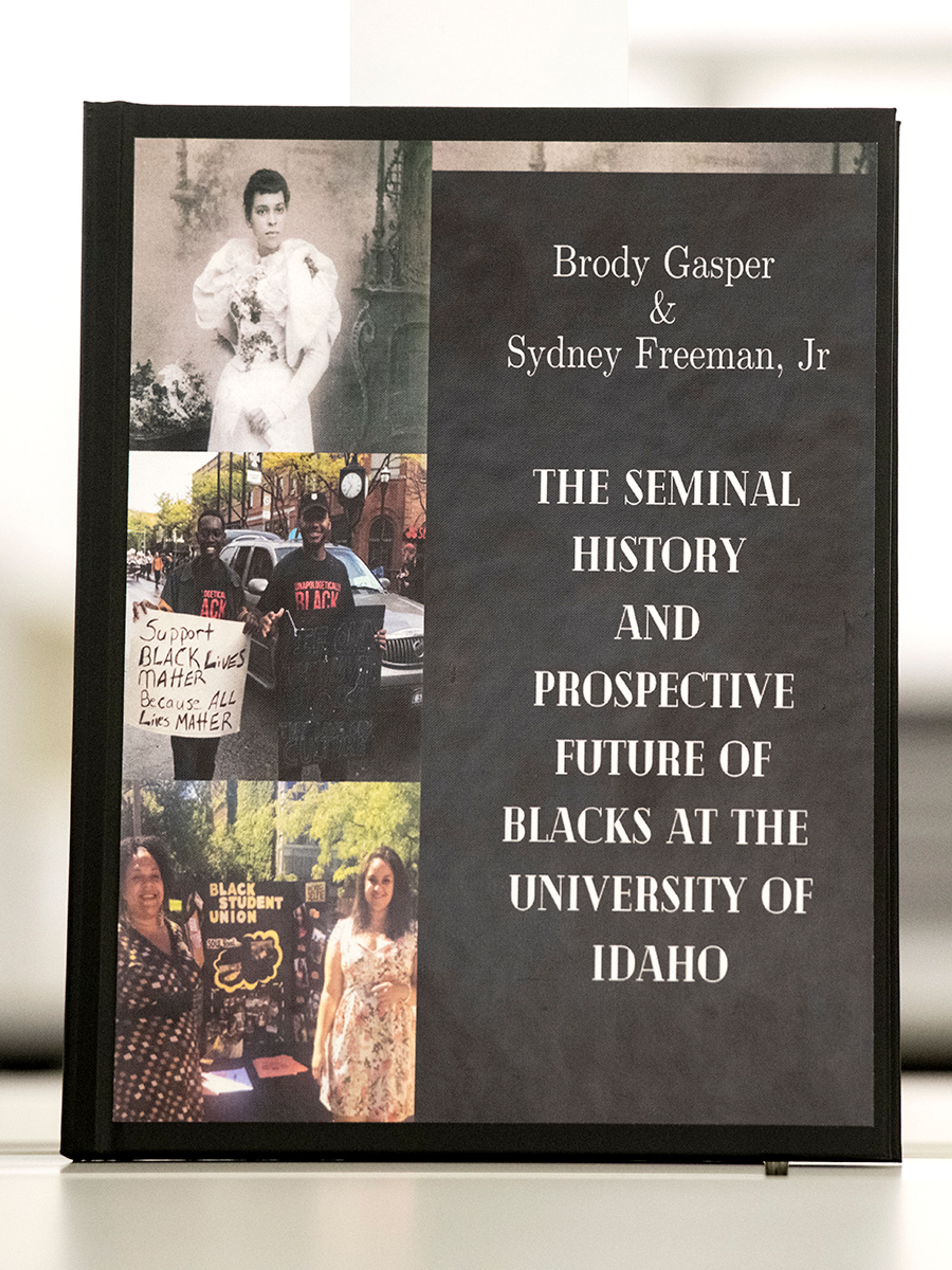 The only tangible copy of “The Seminal History and Prospective Future of Blacks at the University of Idaho,” is photographed in the Integrated Research and Innovation Center on University of Idaho’s campus in Moscow. The book is free and available for everyone to read online.