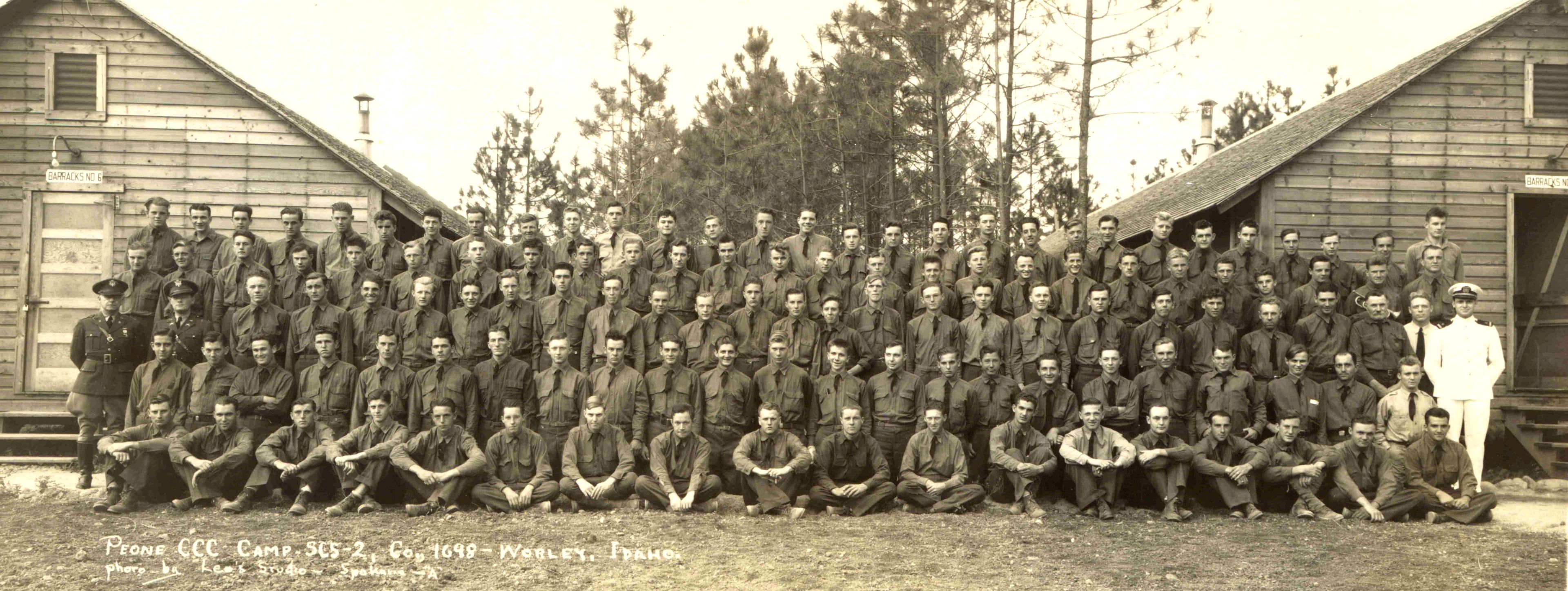 Group photo of Peone CCC Camp SCS-2 near Worley, undated. Part of the Civilian Conservation Corps Camp Peone (Worley, Ida.) collection at the UI Library Special Collections and Archives.