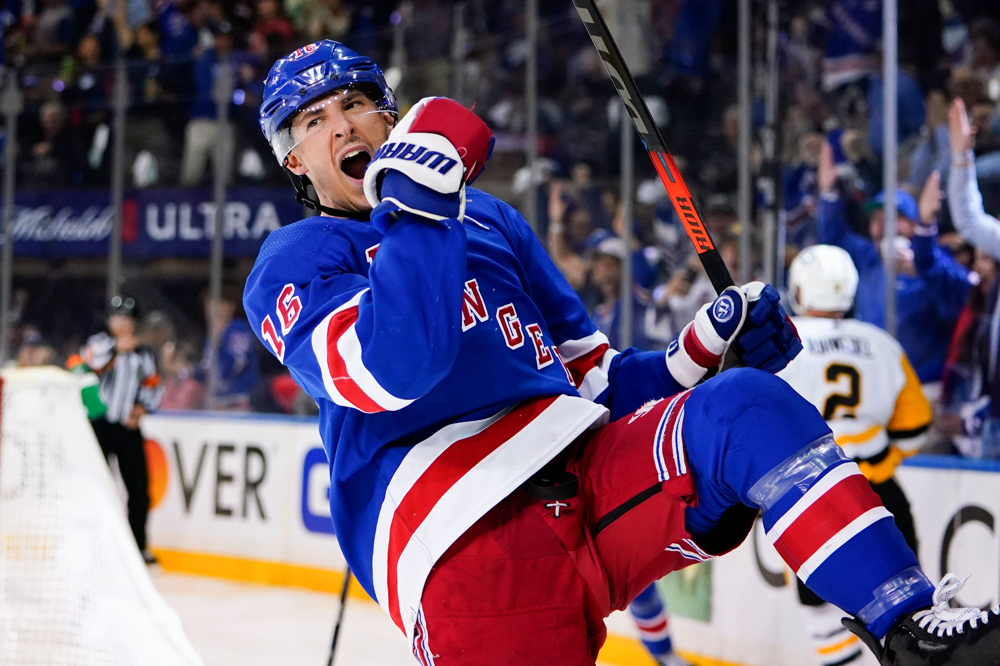 New York Rangers' Ryan Strome (16) celebrates after scoring a goal during the second period of Game 2 of an NHL hockey Stanley Cup first-round playoff series against the Pittsburgh Penguins, Thursday, May 5, 2022, in New York. (AP Photo/Frank Franklin II)