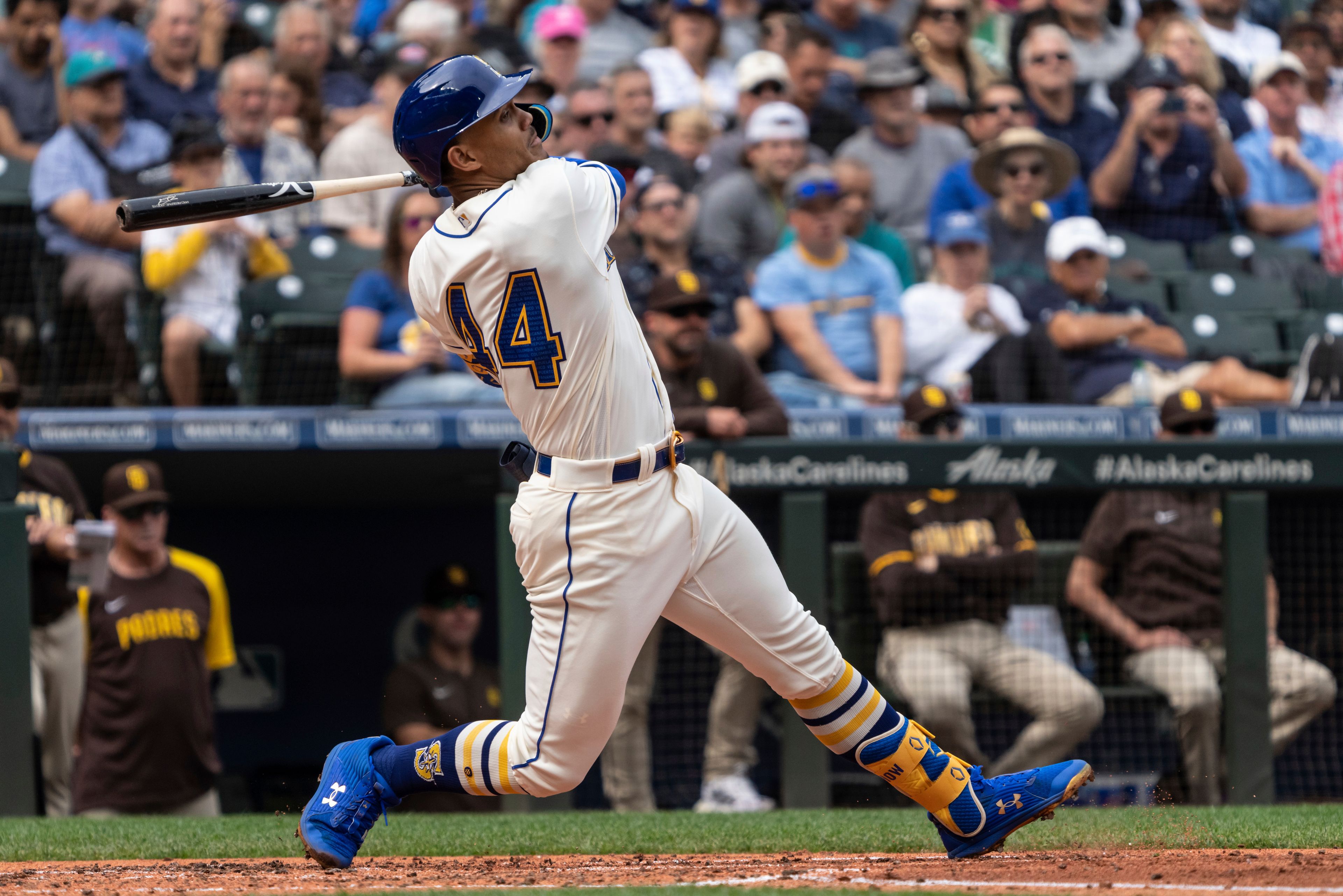 Seattle Mariners' Julio Rodriguez hits a single off San Diego Padres starting pitcher Mike Clevinger during the second inning of a baseball game, Wednesday, Sept. 14, 2022, in Seattle. (AP Photo/Stephen Brashear)