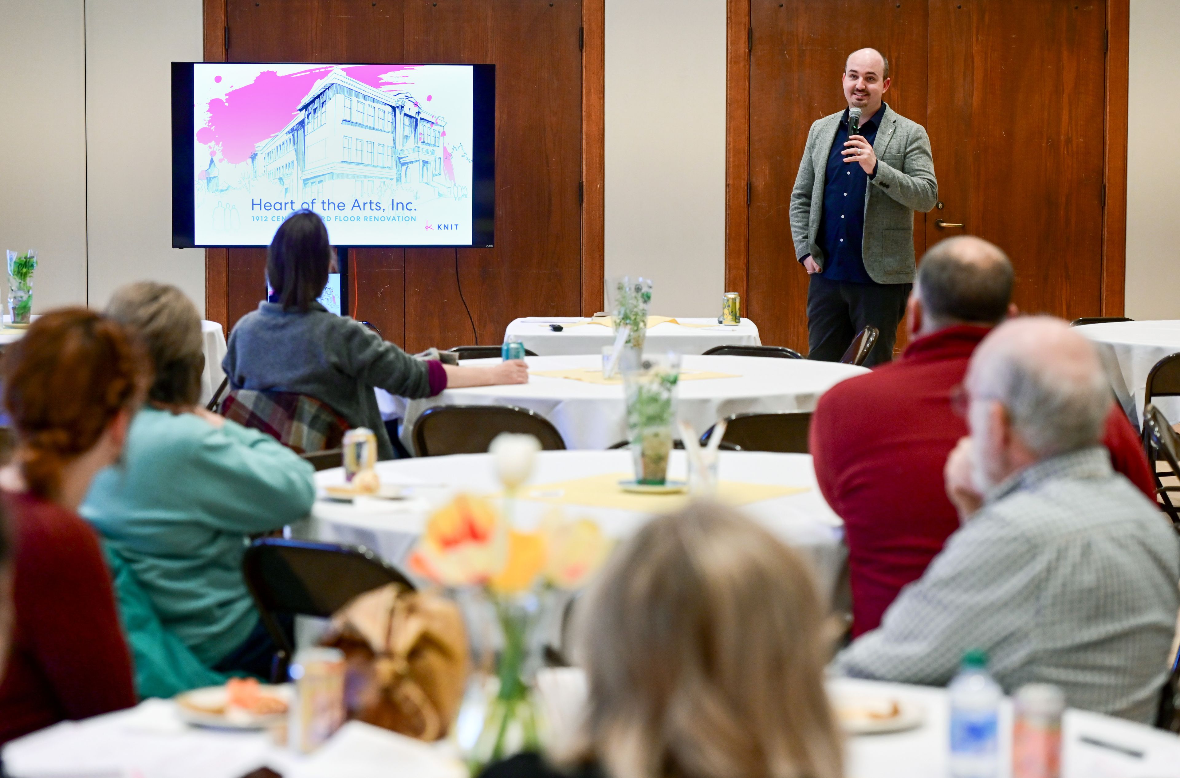 Drew Davis, right, project manager for Knit and city of Moscow council member, opens a community brainstorming and design meeting for the 1912 Center’s third floor in Moscow on Tuesday.