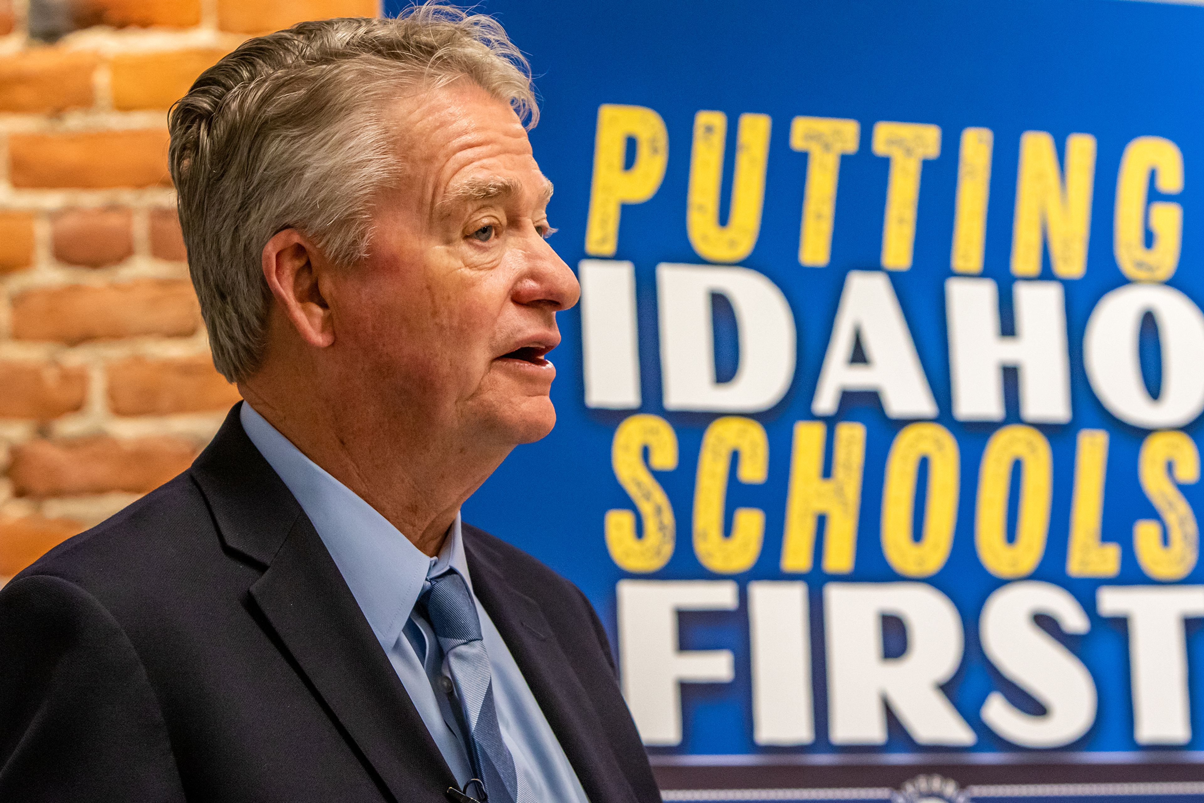 Idaho Gov. Brad Little holds a press conference Friday to discuss his “Idaho First” initiatives at the Lewiston City library.