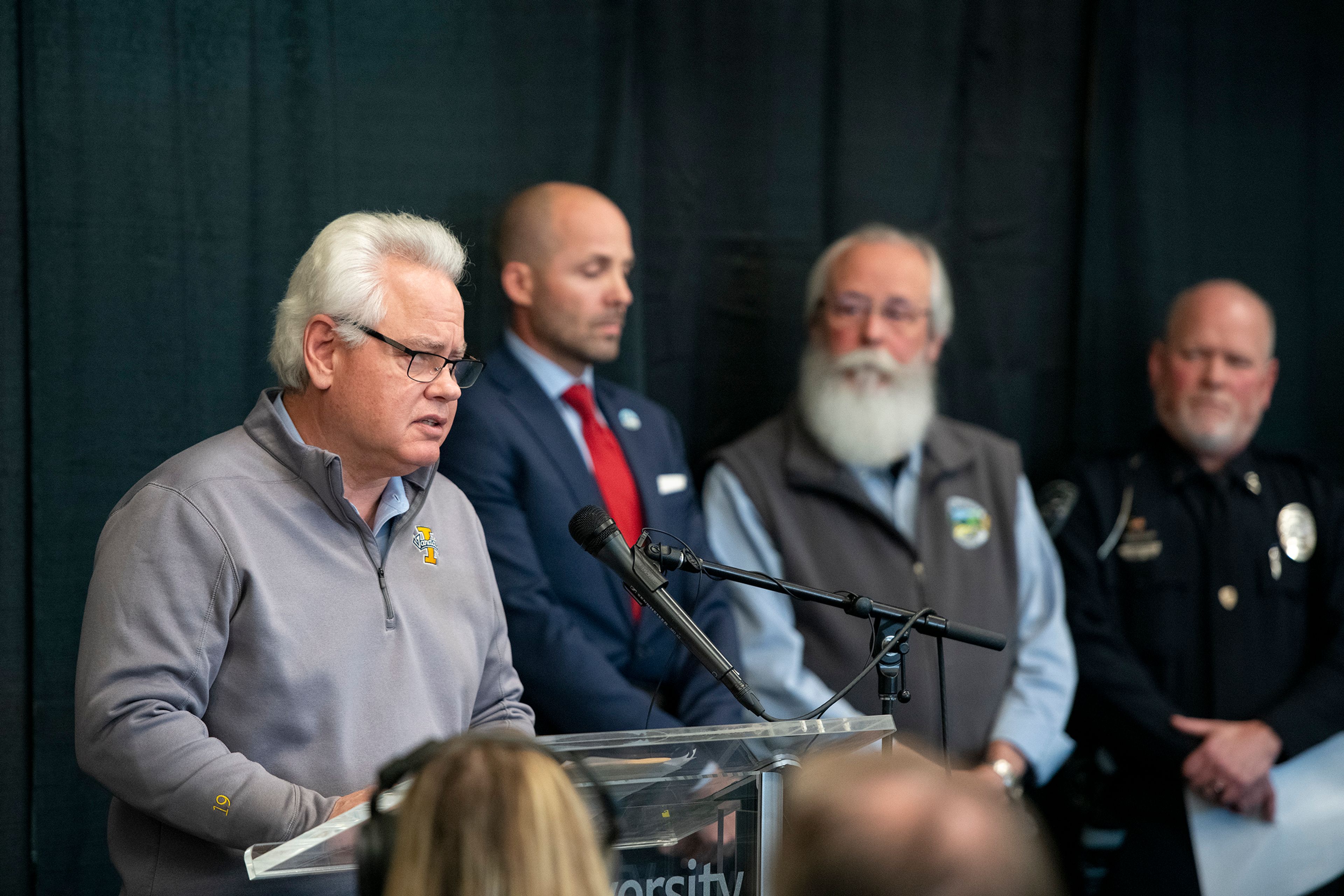 University of Idaho President Scott Green speaks at a press conference about a quadruple homicide investigation involving four university students at the Idaho Central Credit Union Arena on Wednesday in Moscow.