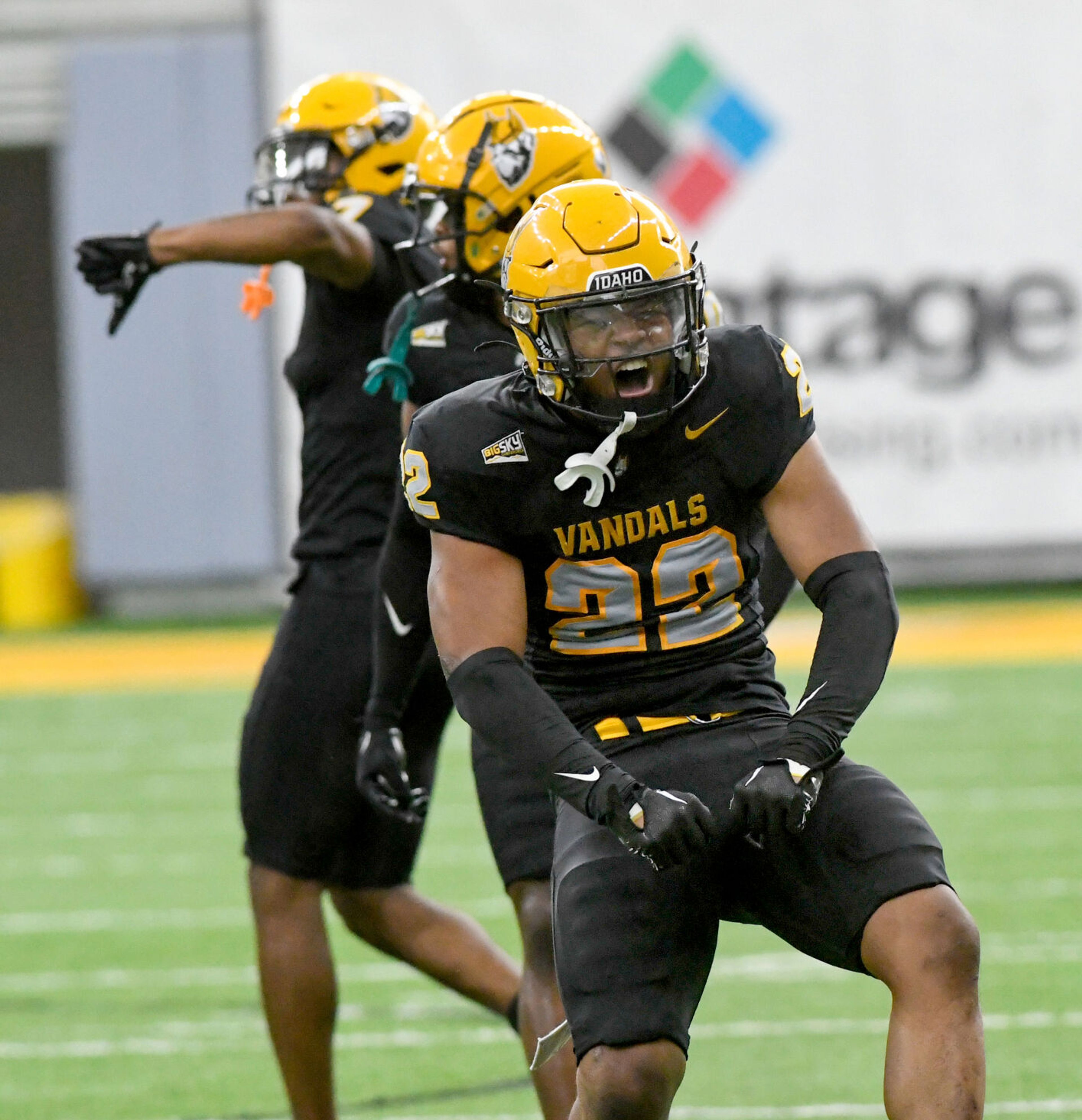 Idaho Vandals defensive back Dwayne McDougle (22) celebrates a block at the P1FCU Kibbie Dome in Moscow.