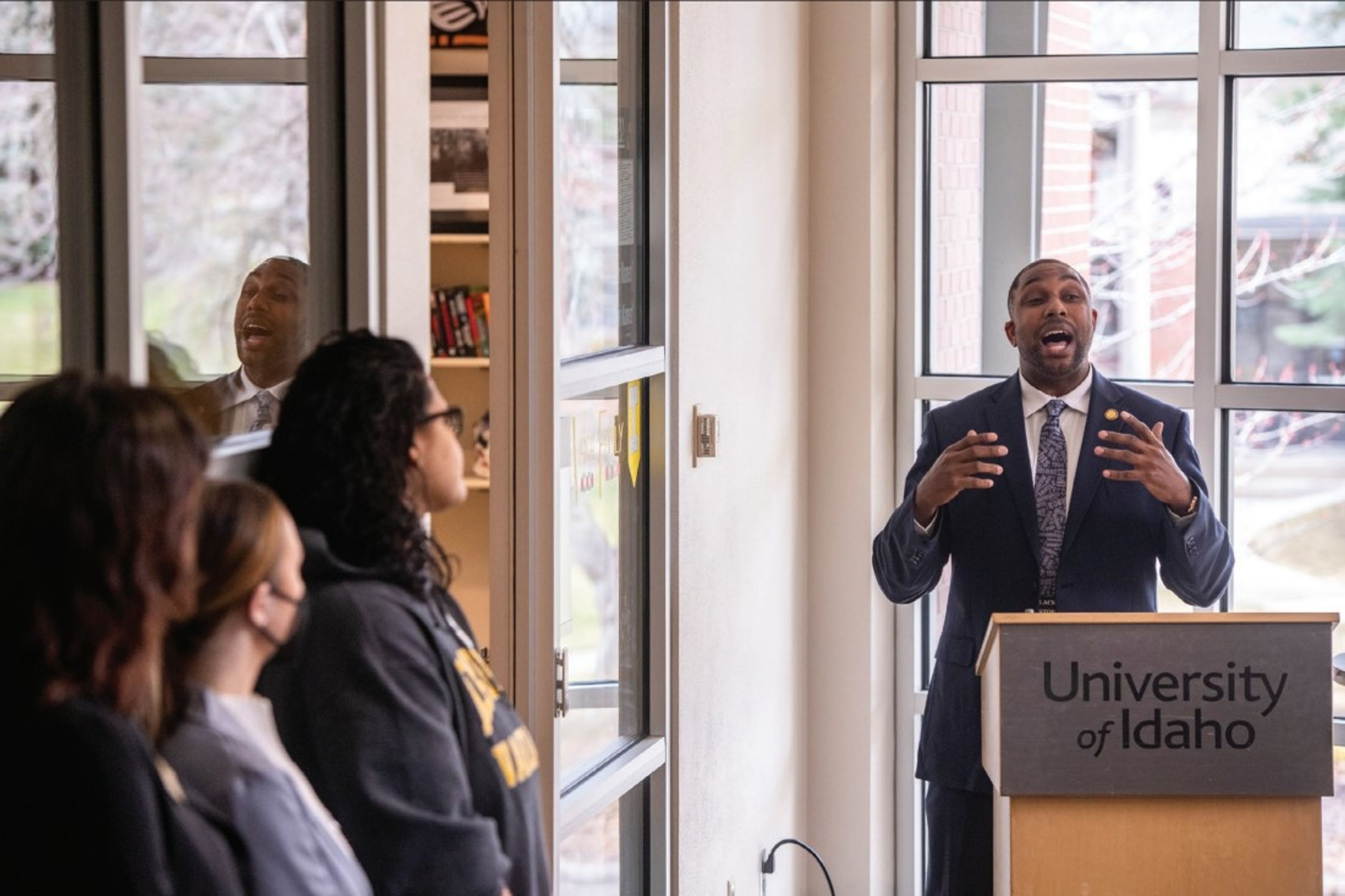 Mario Pile, director of the University of Idaho Black Cultural Center, speaks to a crowd Monday during the center’s grand opening inside the UI Student Union Building in Moscow.